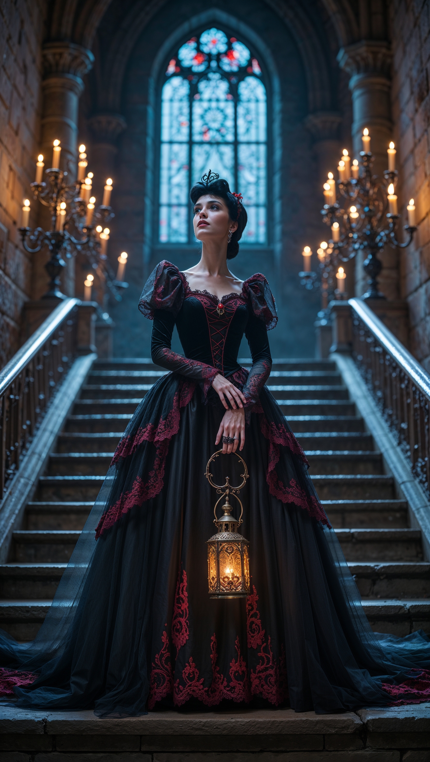 Cinderella in a dark Halloween dress on castle stairs