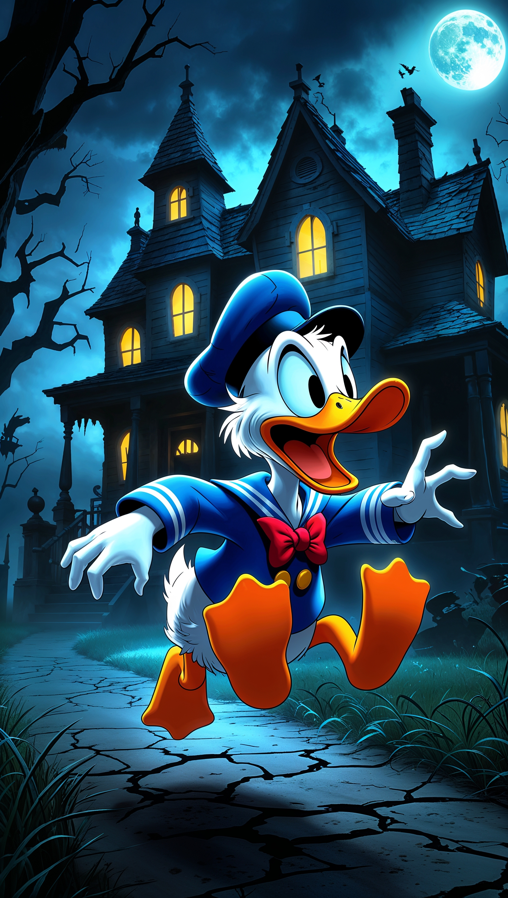 Donald Duck running away from a haunted house