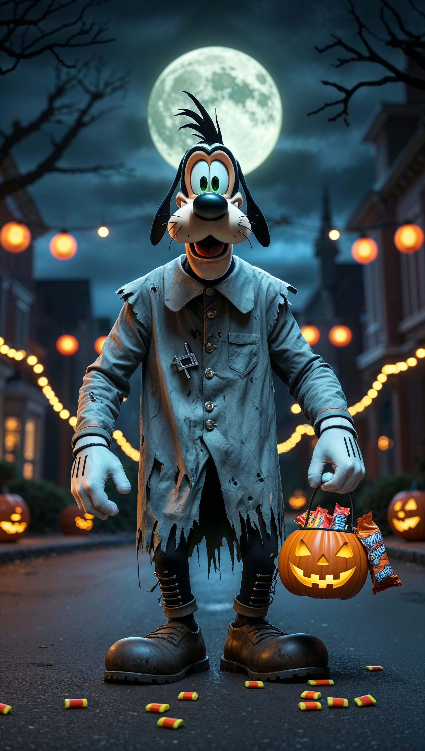 Goofy dressed as Frankenstein on Halloween night