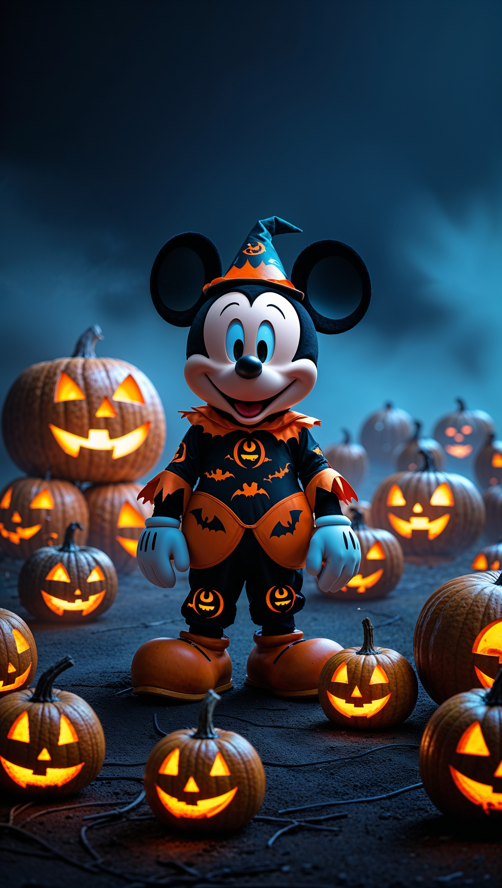 Mickey Mouse in a Halloween costume on a dark night with pumpkins
