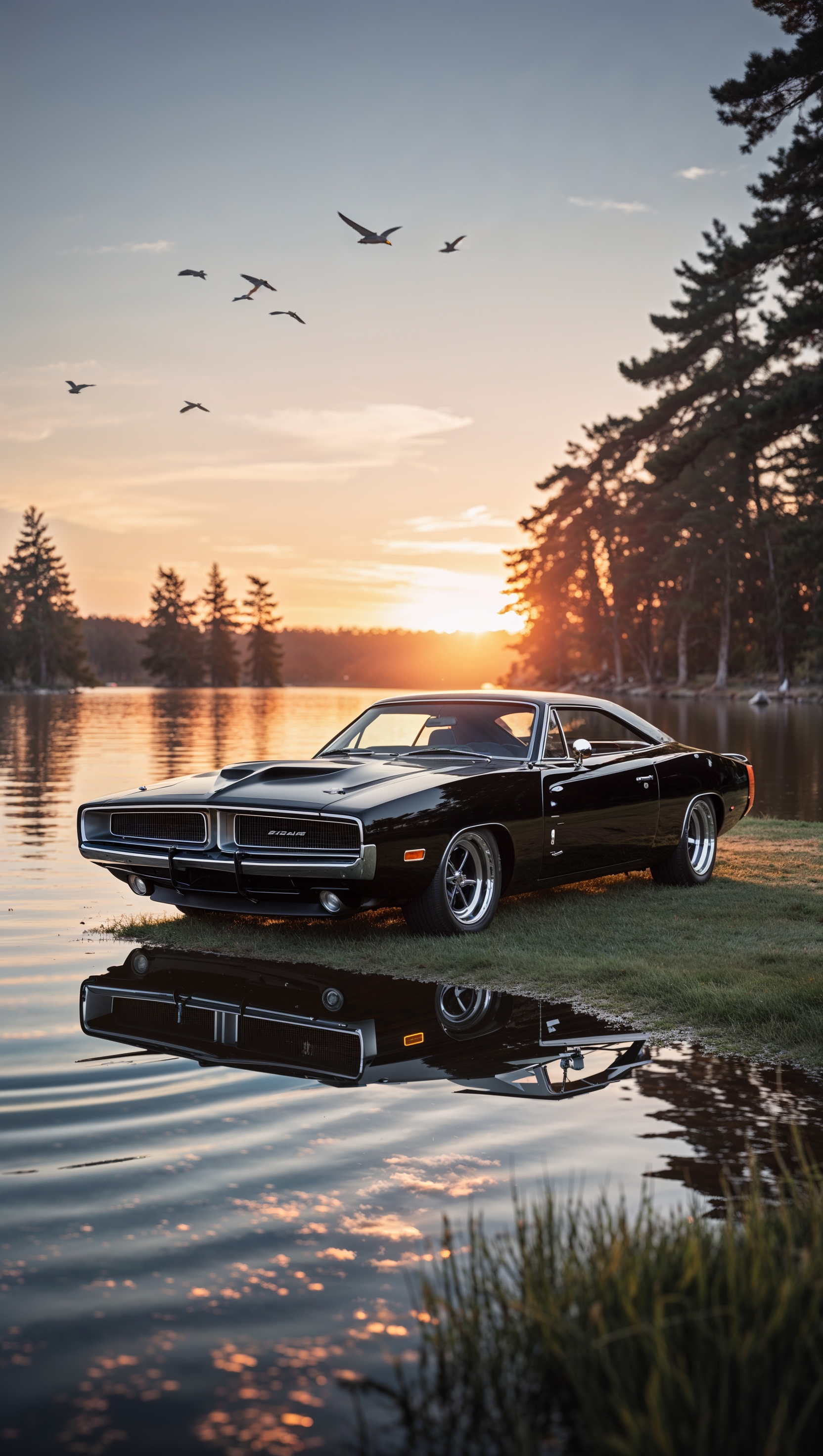 A Dodge Charger by a lake at sunset
