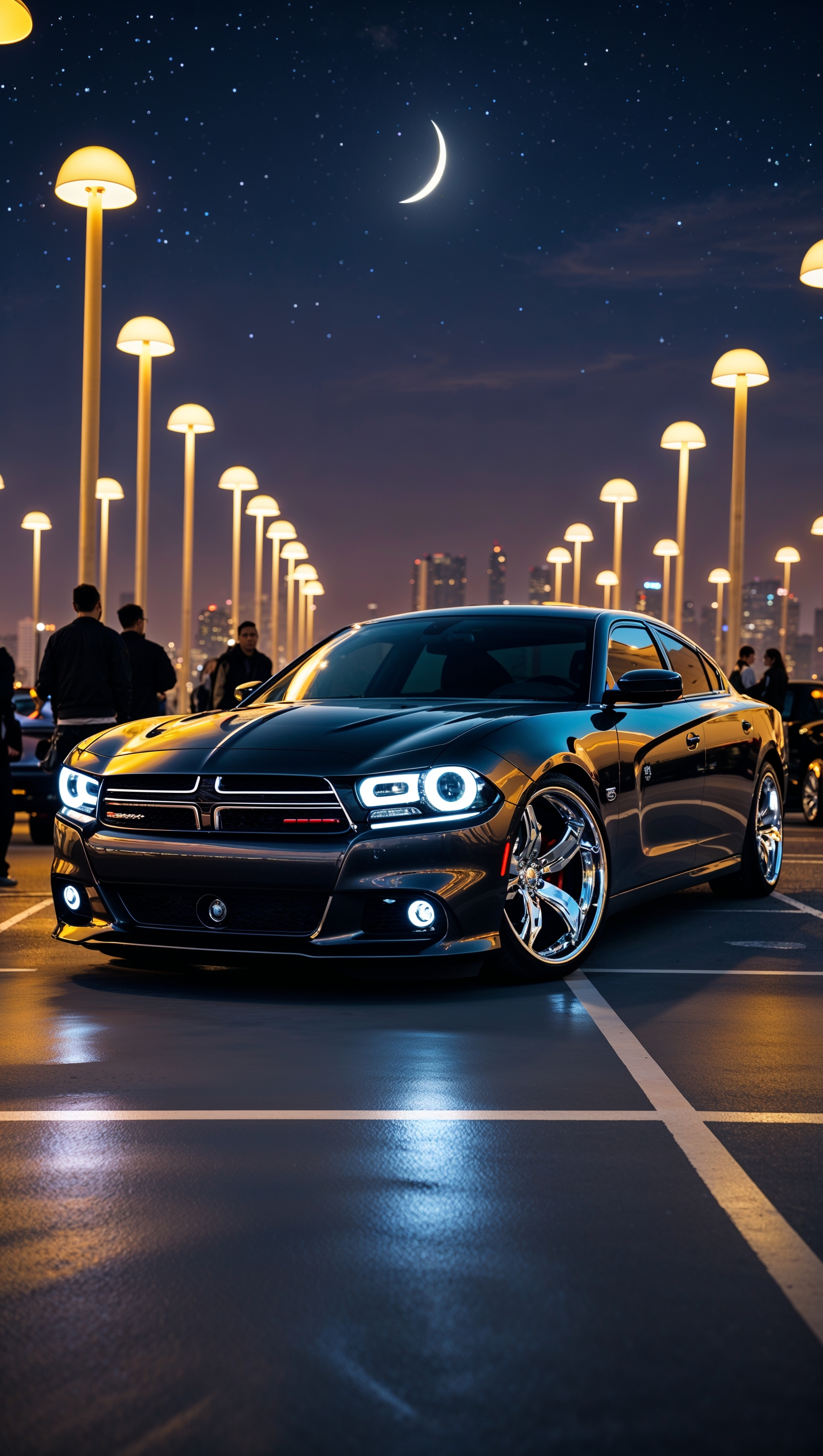 A Dodge Charger in a modern parking lot with beautiful night lighting