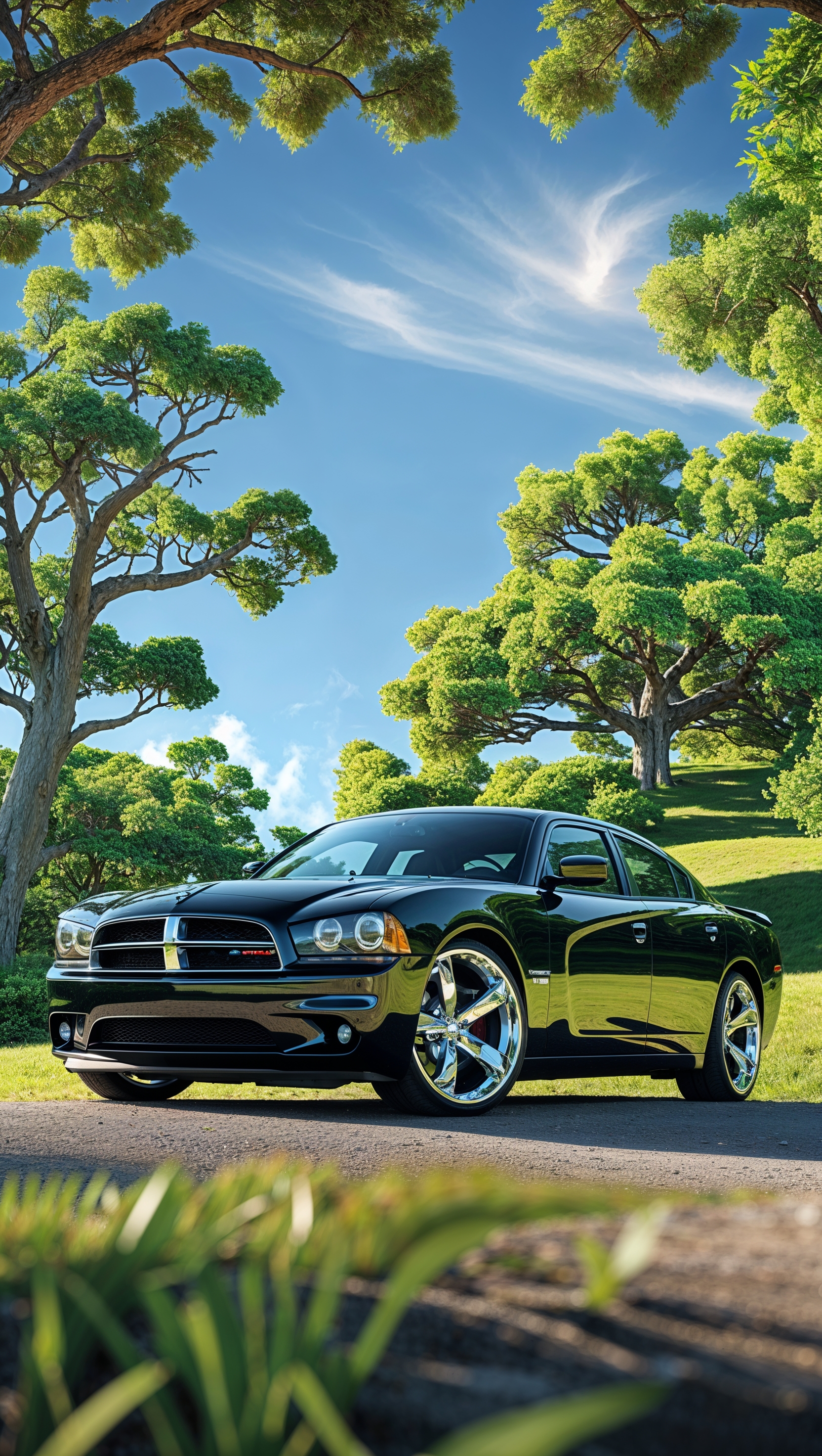 A Dodge Charger in a sunny day with green trees in the background