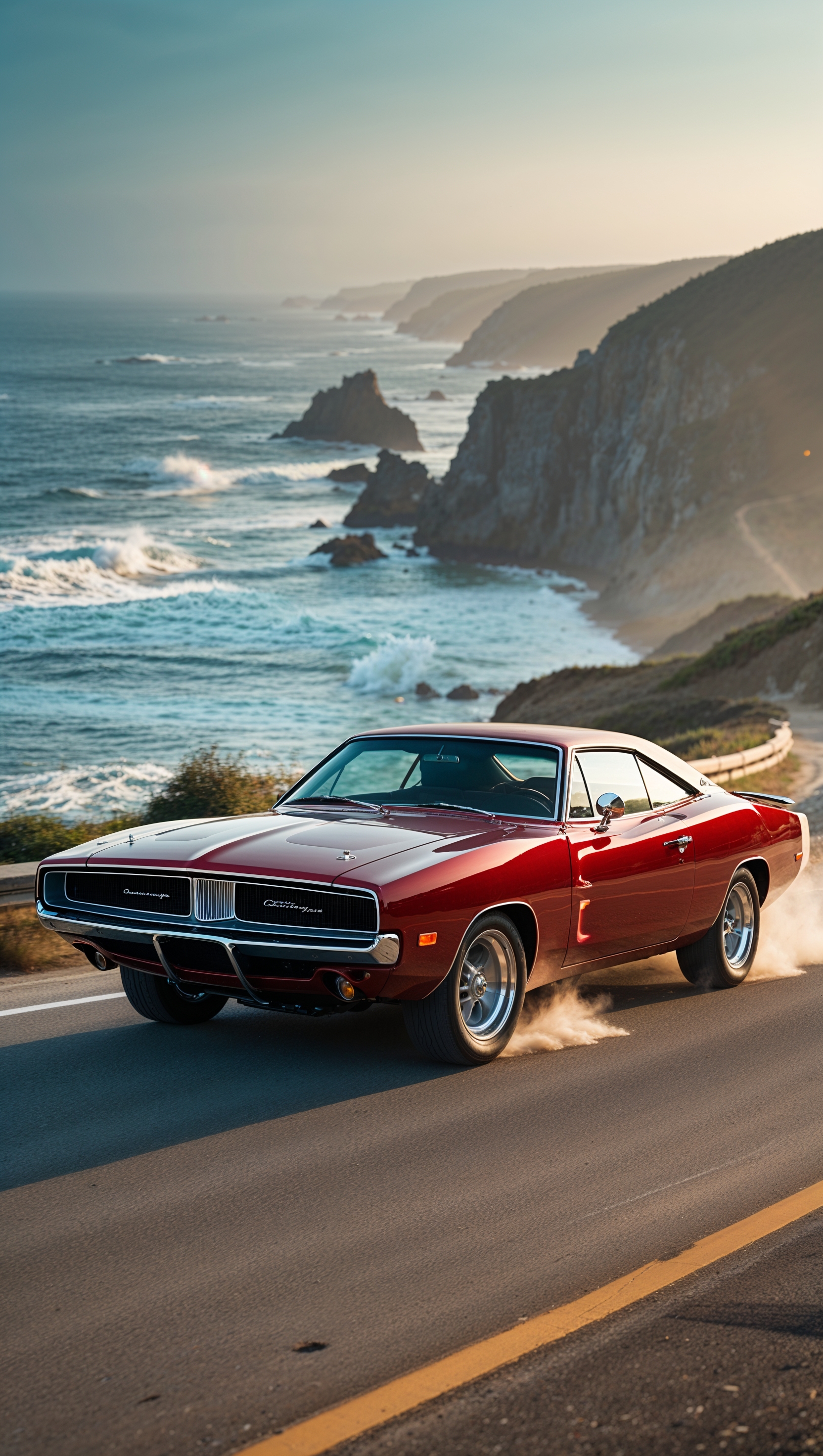 A Dodge Charger on a coastal road with ocean waves in the background