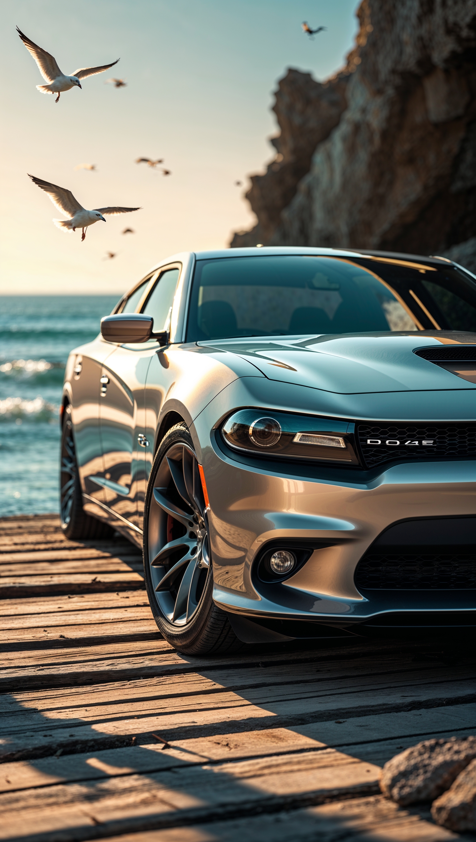 A close-up of a metallic Dodge Charger near the sea