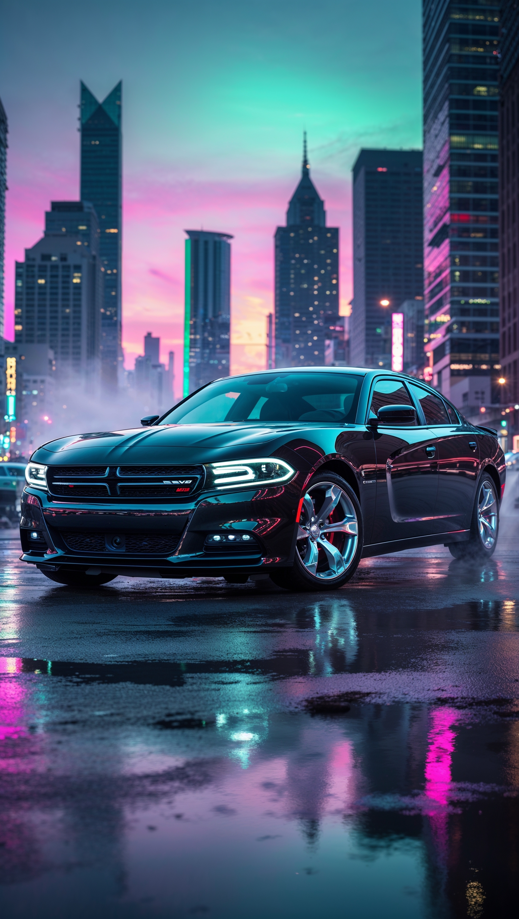 A Dodge Charger in front of an urban skyline with neon lights