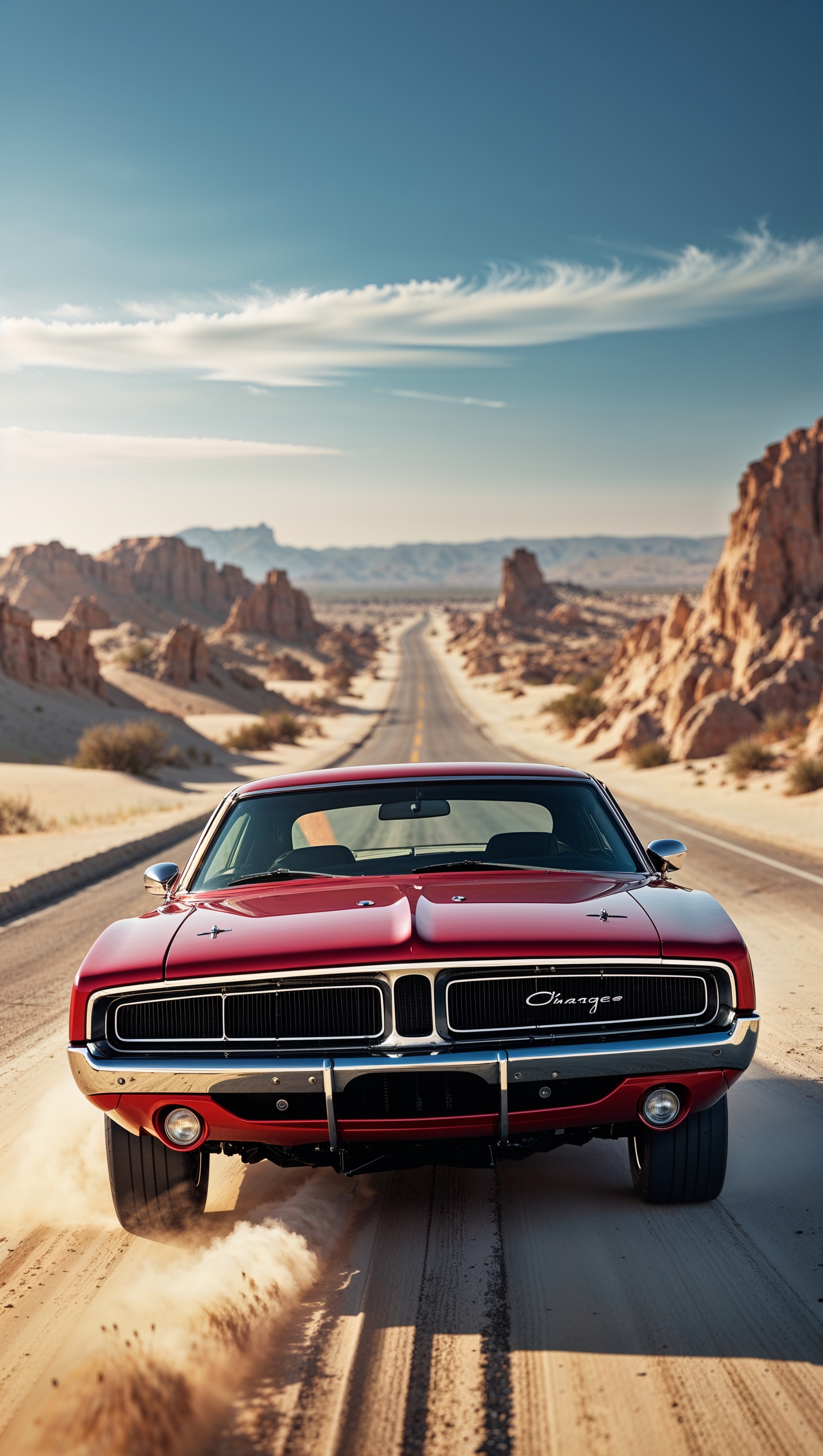 A red Dodge Charger on a desert road for an iPhone wallpaper