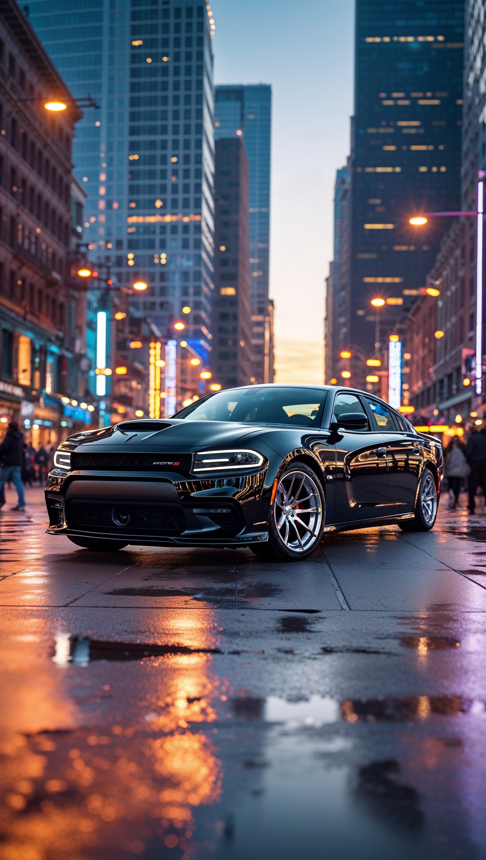 A Dodge Charger in an urban square with bright street lights