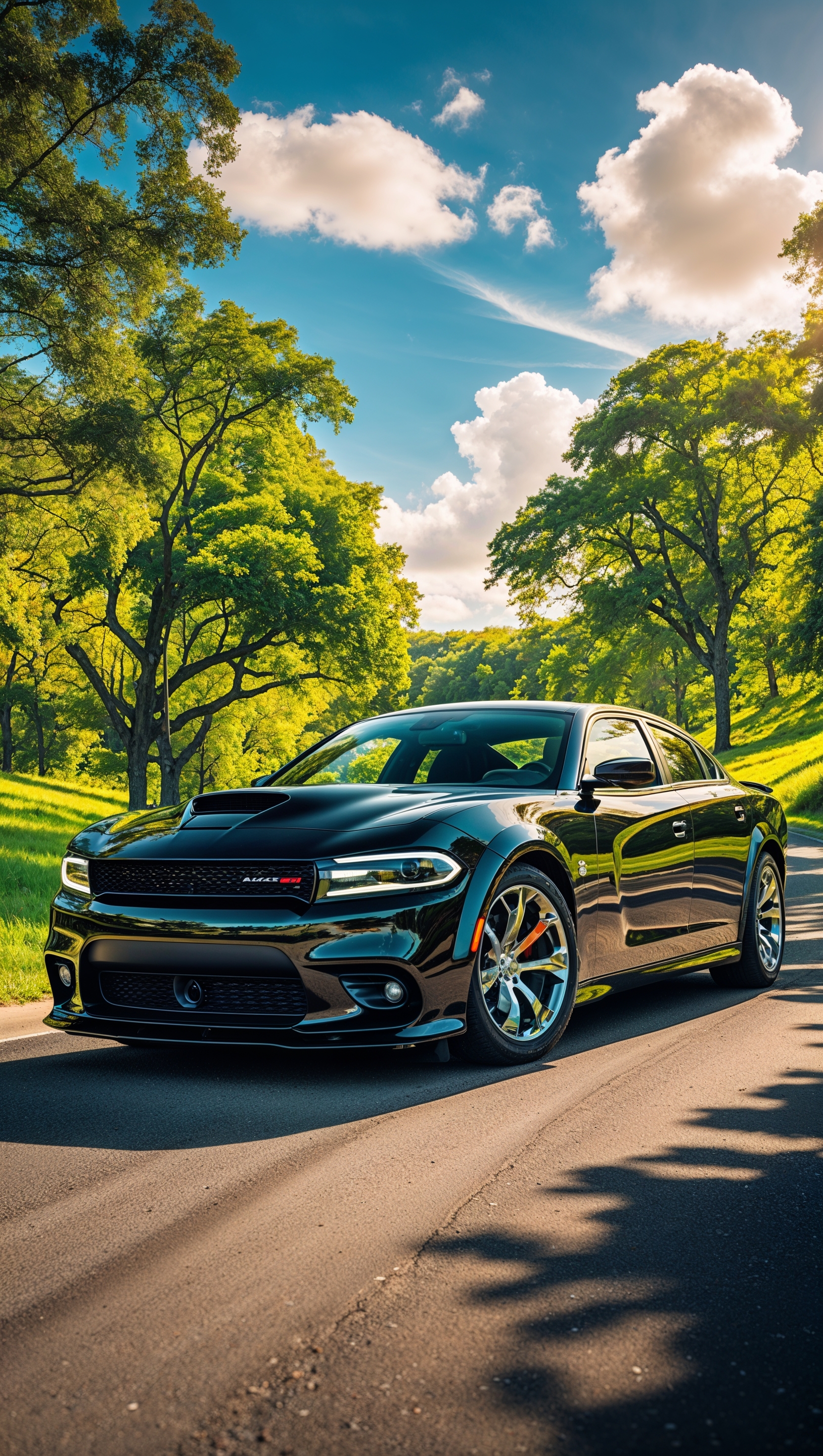 A Dodge Charger next to green trees with a blue sky