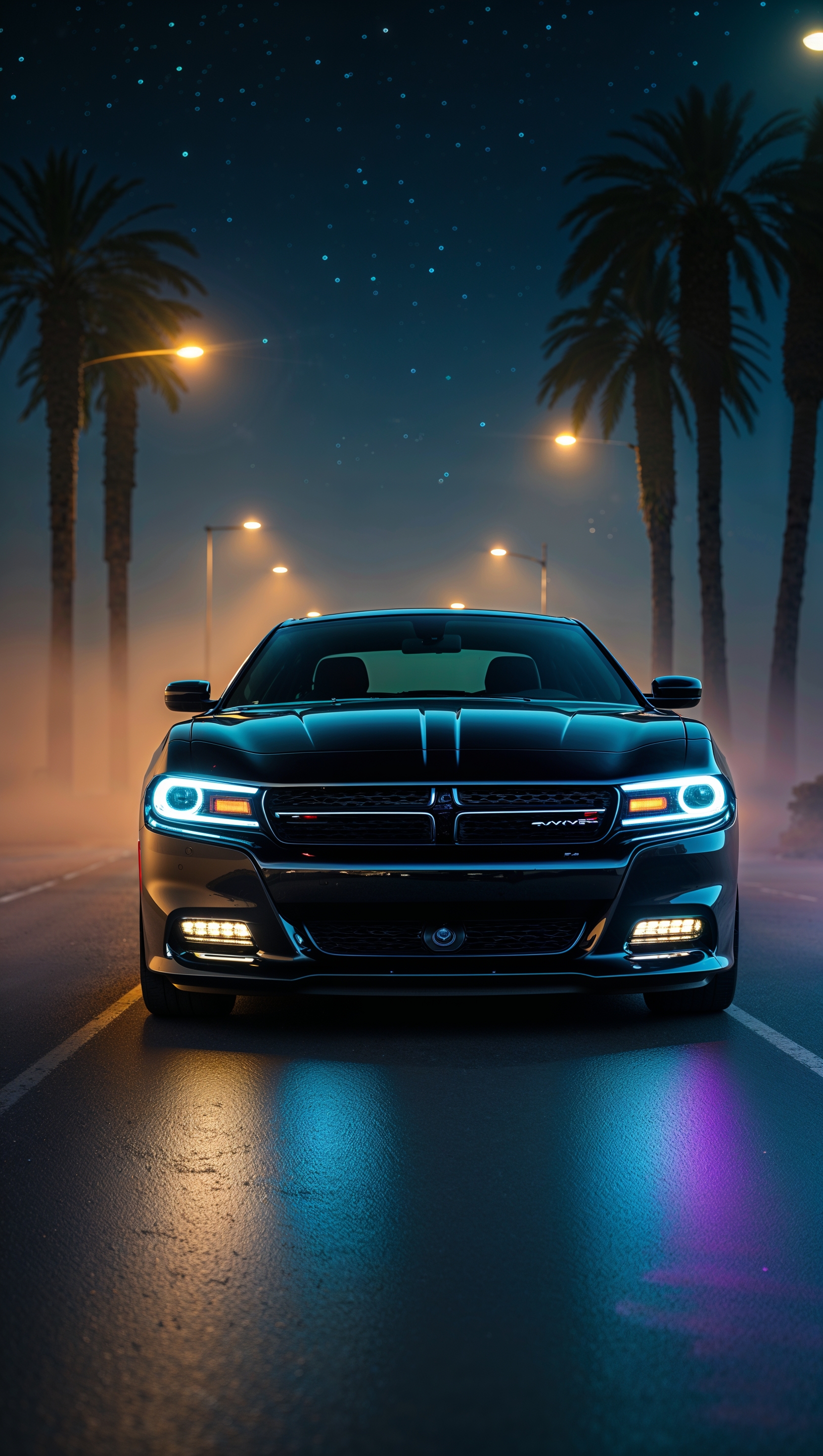 A black Dodge Charger with cool lighting on a road at night