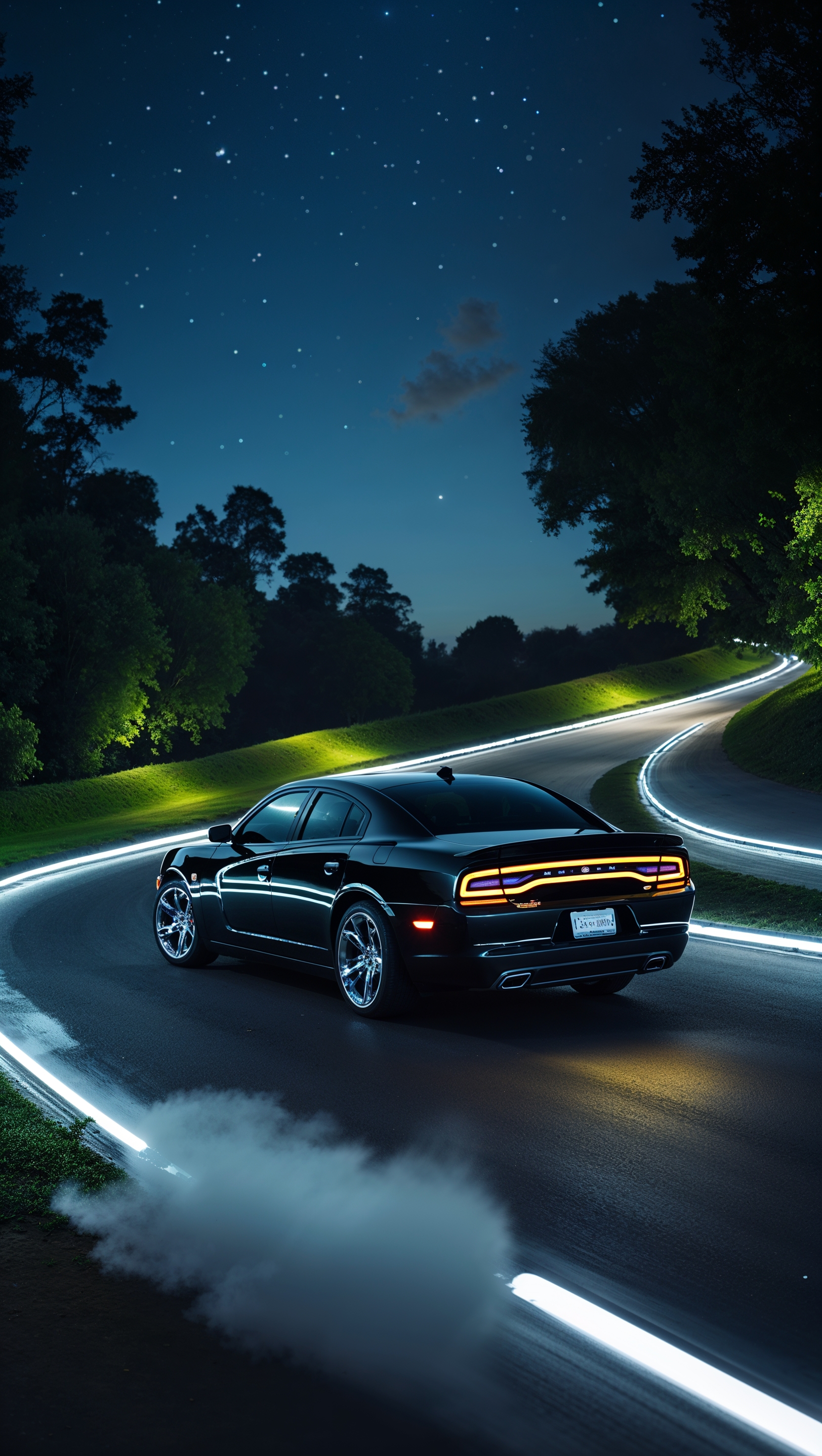 A Dodge Charger on a circular road at night