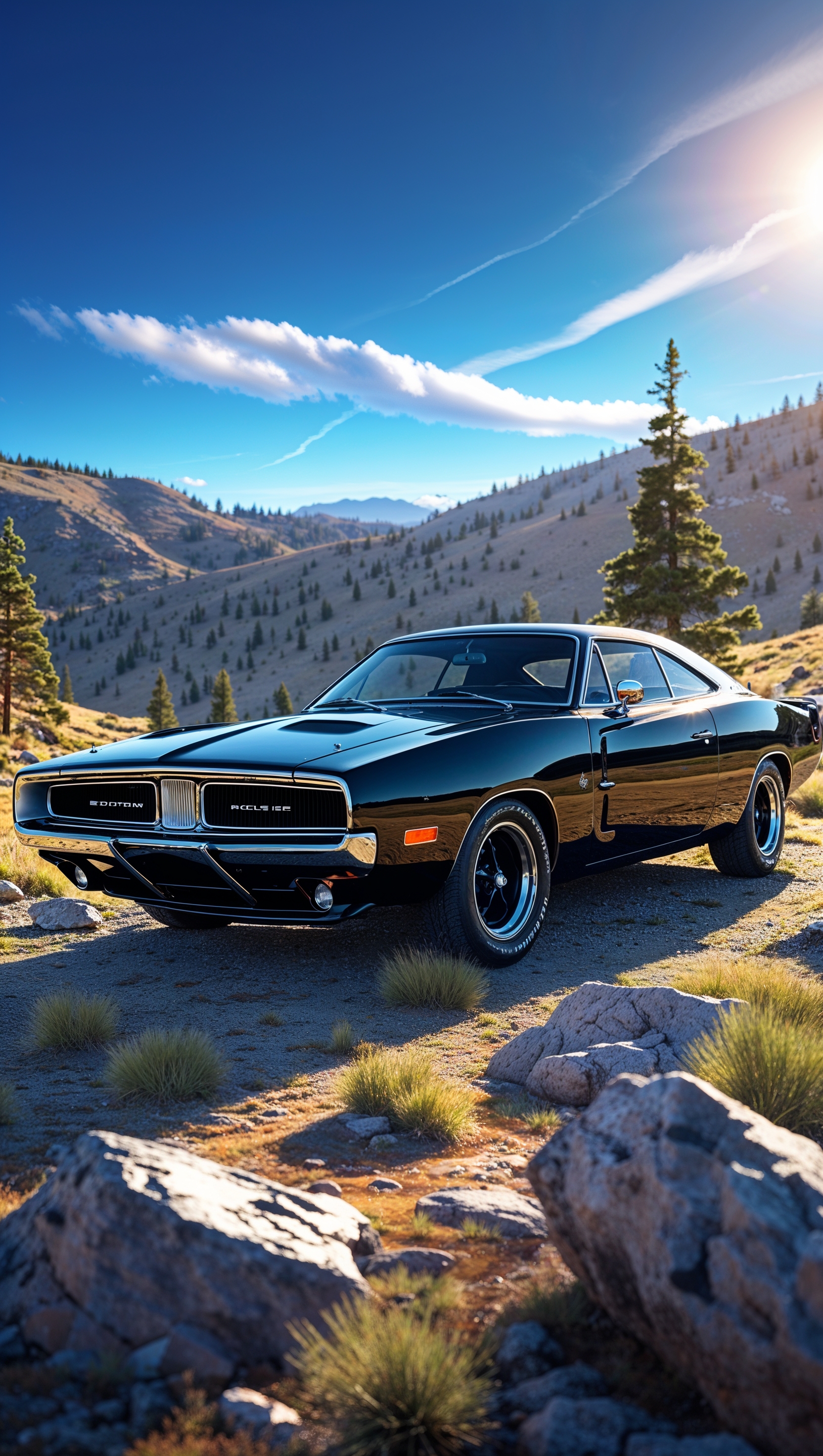 A black Dodge Charger in a mountainous landscape with a blue sky