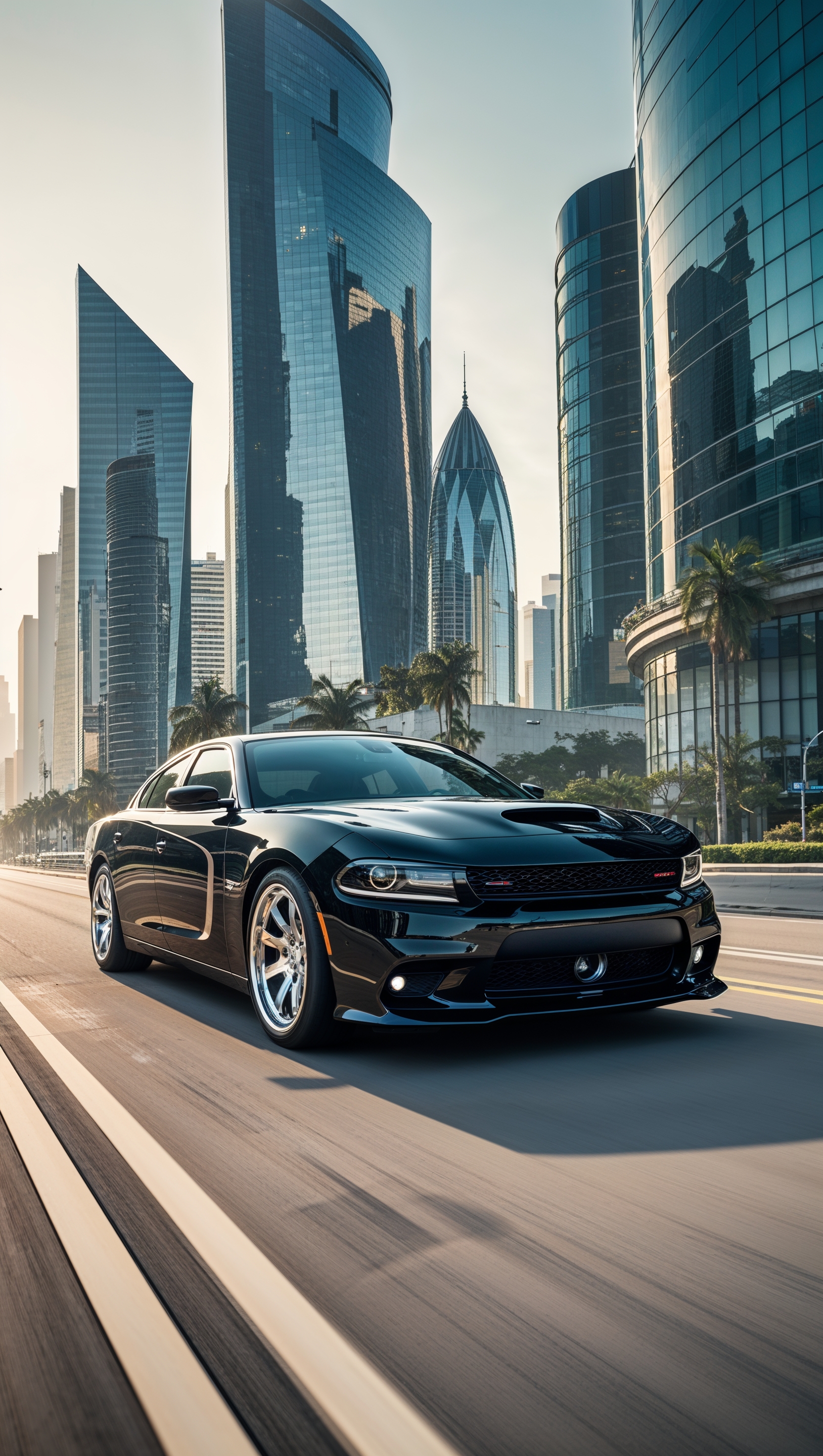 A Dodge Charger on a road with an urban skyline and modern buildings