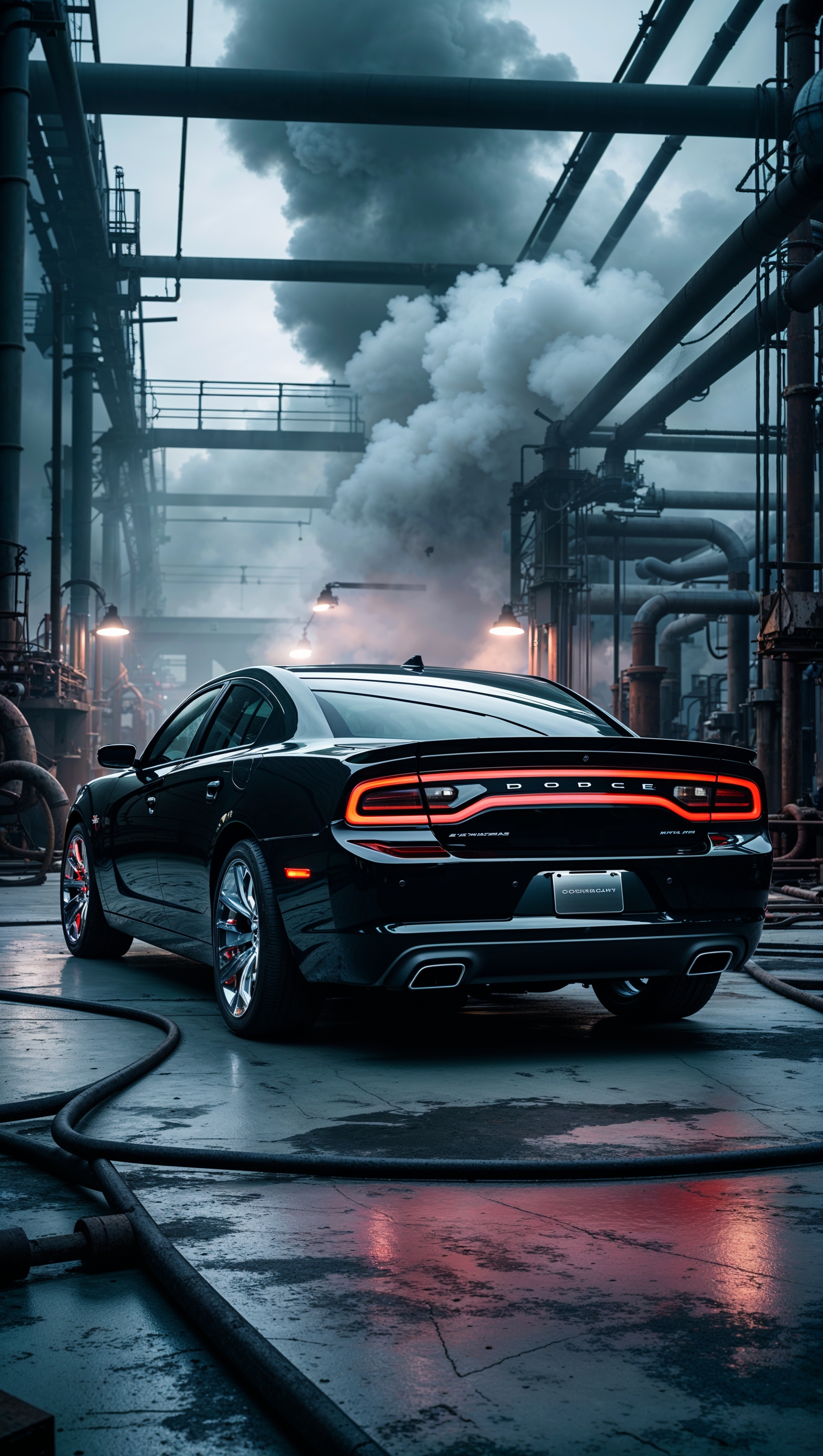 A Dodge Charger in an industrial area with smoke and steam in the background