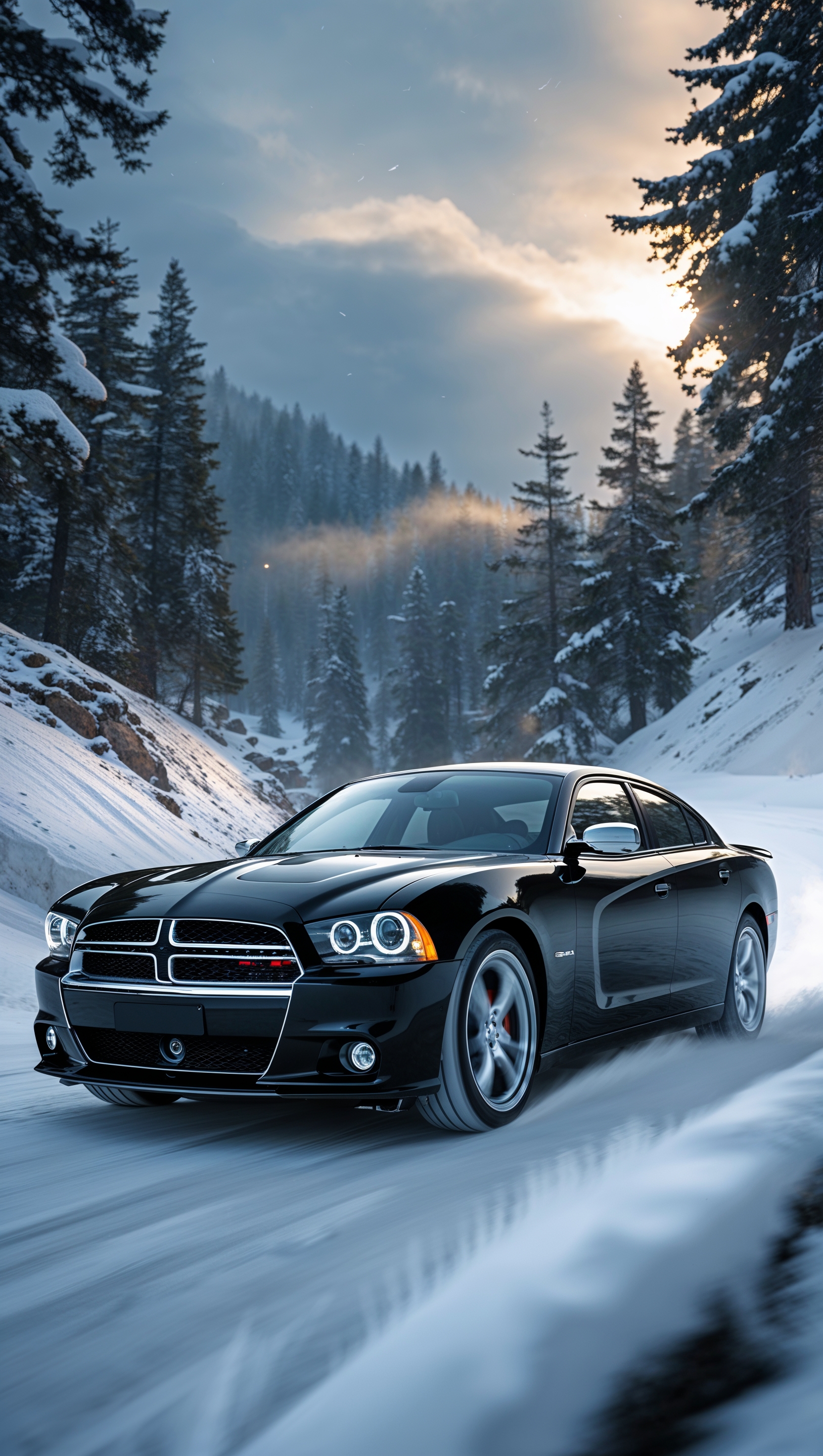 A Dodge Charger on a snowy mountain road