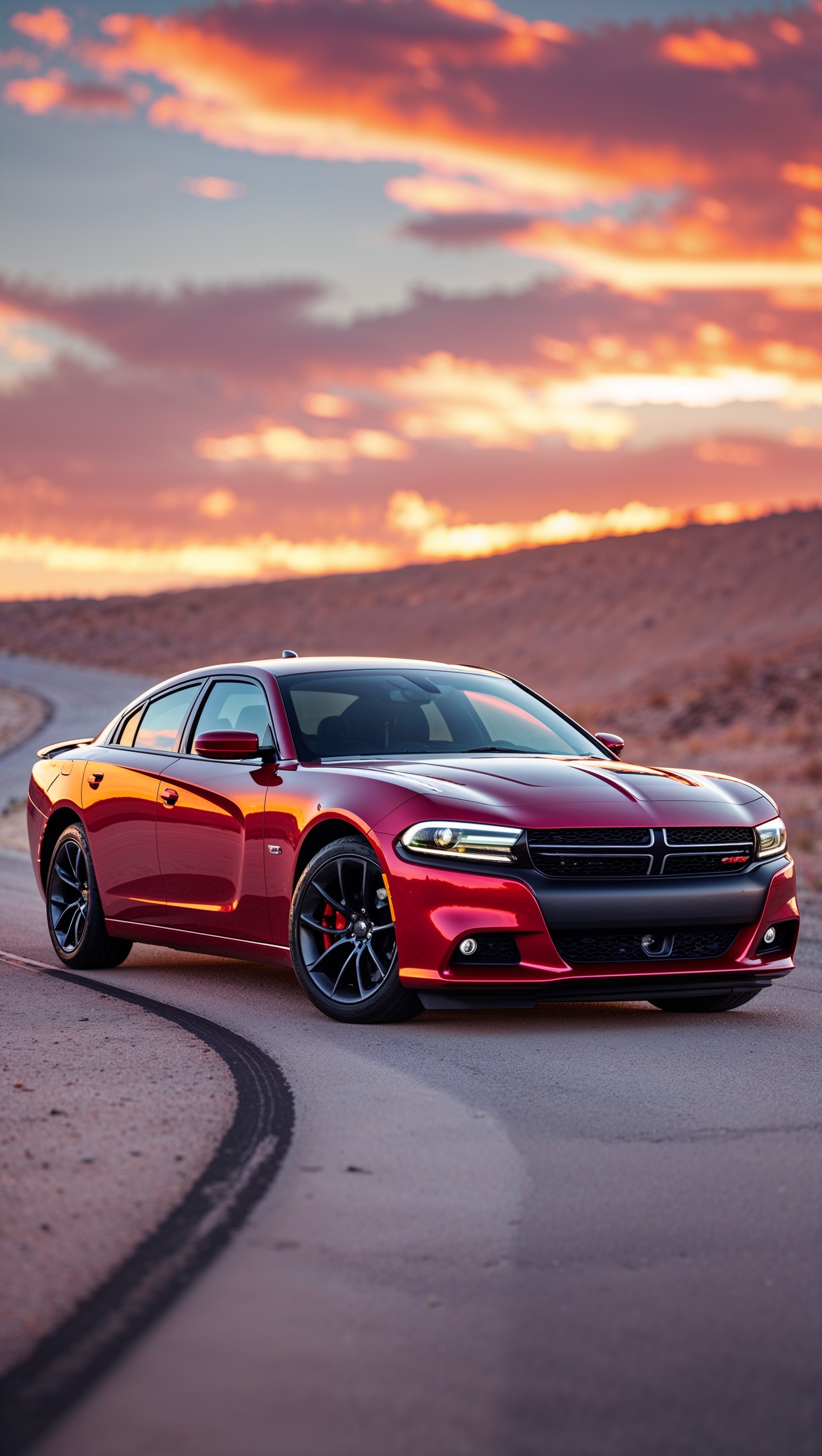 A Dodge Charger at sunset with soft light in the background
