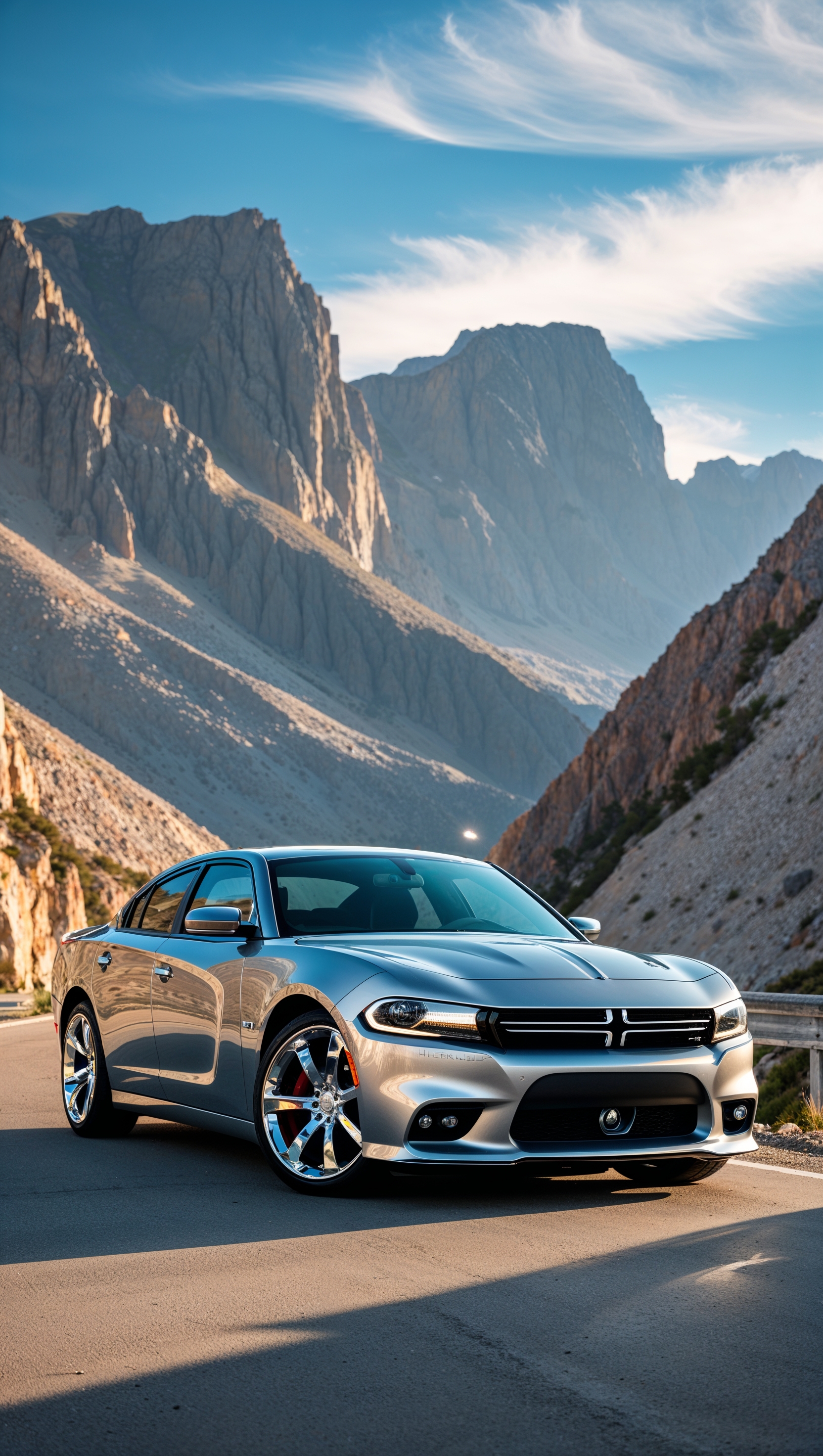 A metallic-colored Dodge Charger next to mountains in the daytime