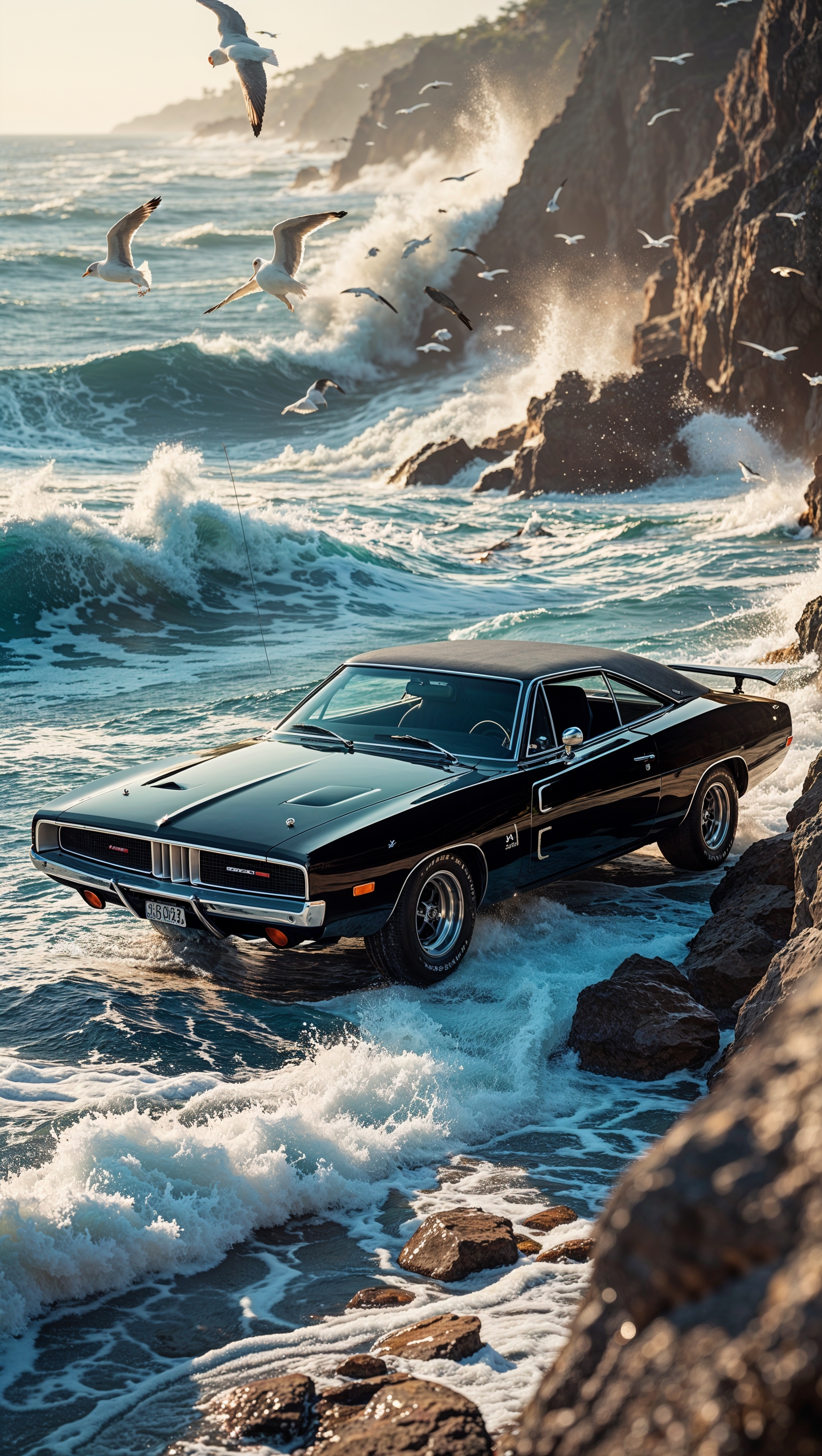 A Dodge Charger by the sea with strong waves