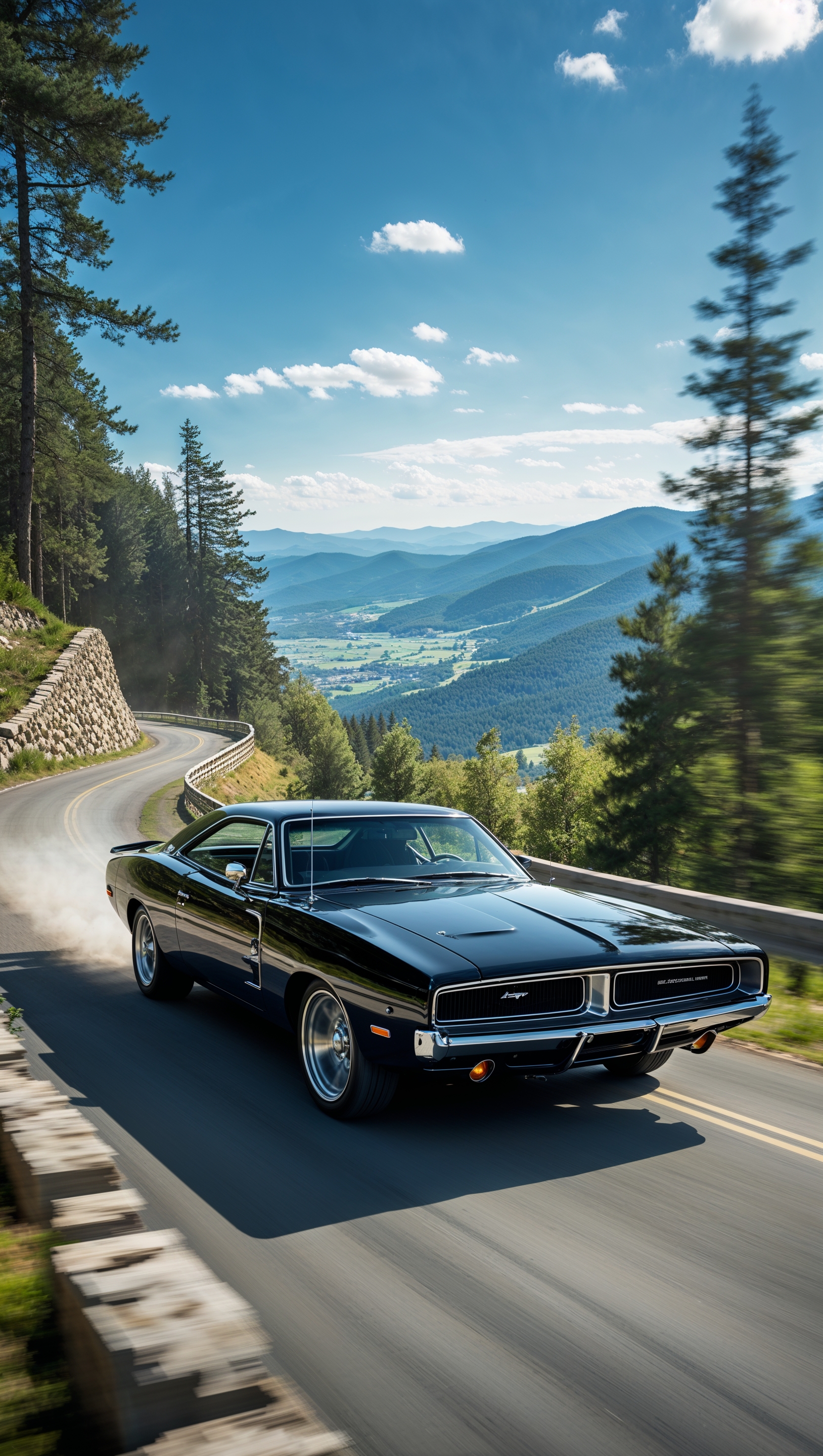 A Dodge Charger on a mountain road with a wide view of the valley