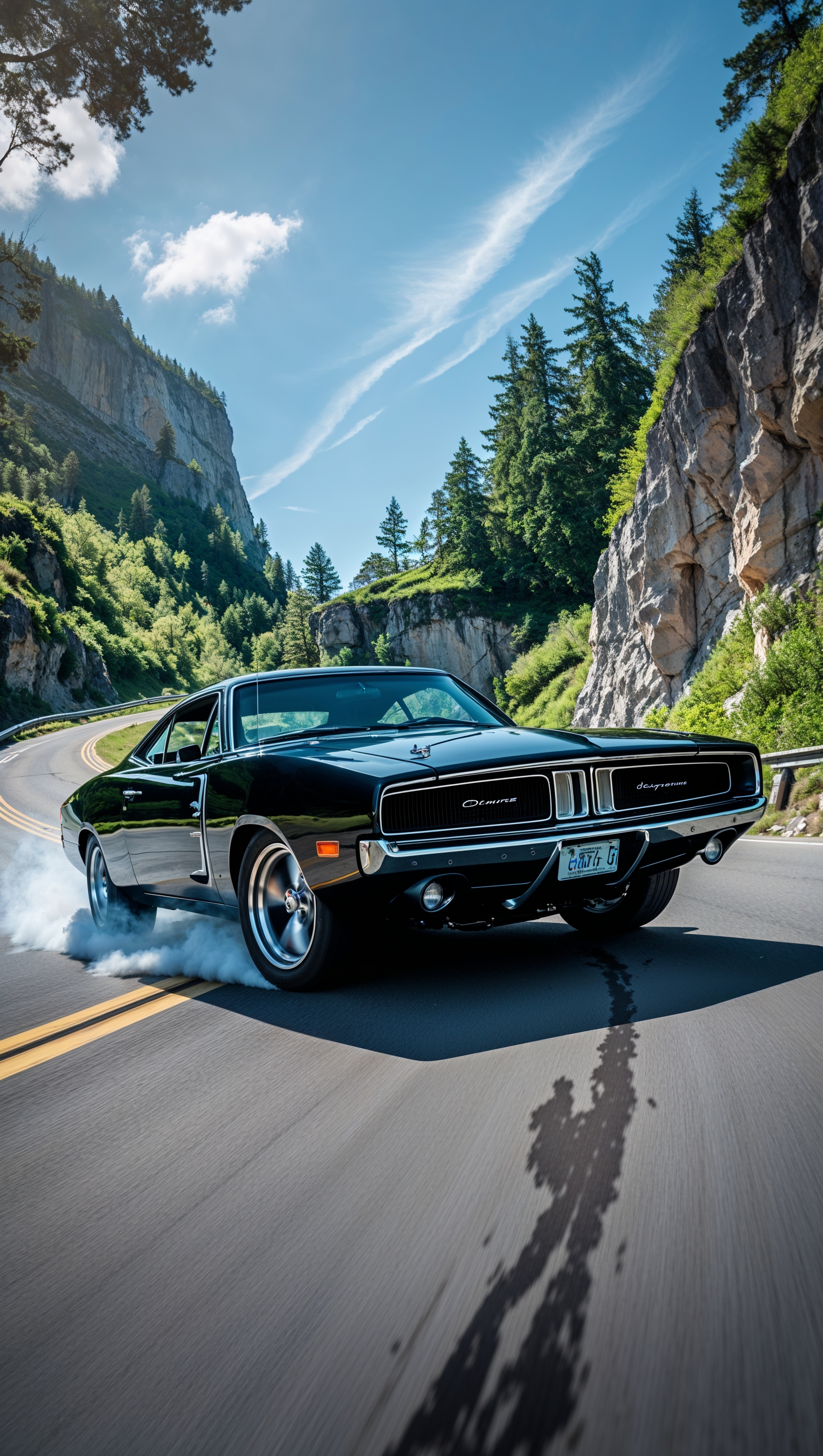 A Dodge Charger on a road with dangerous curves