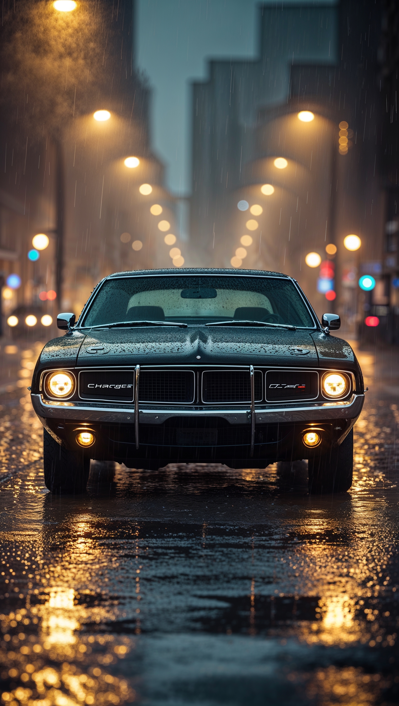 A Dodge Charger on a rainy street with falling rain and street lights