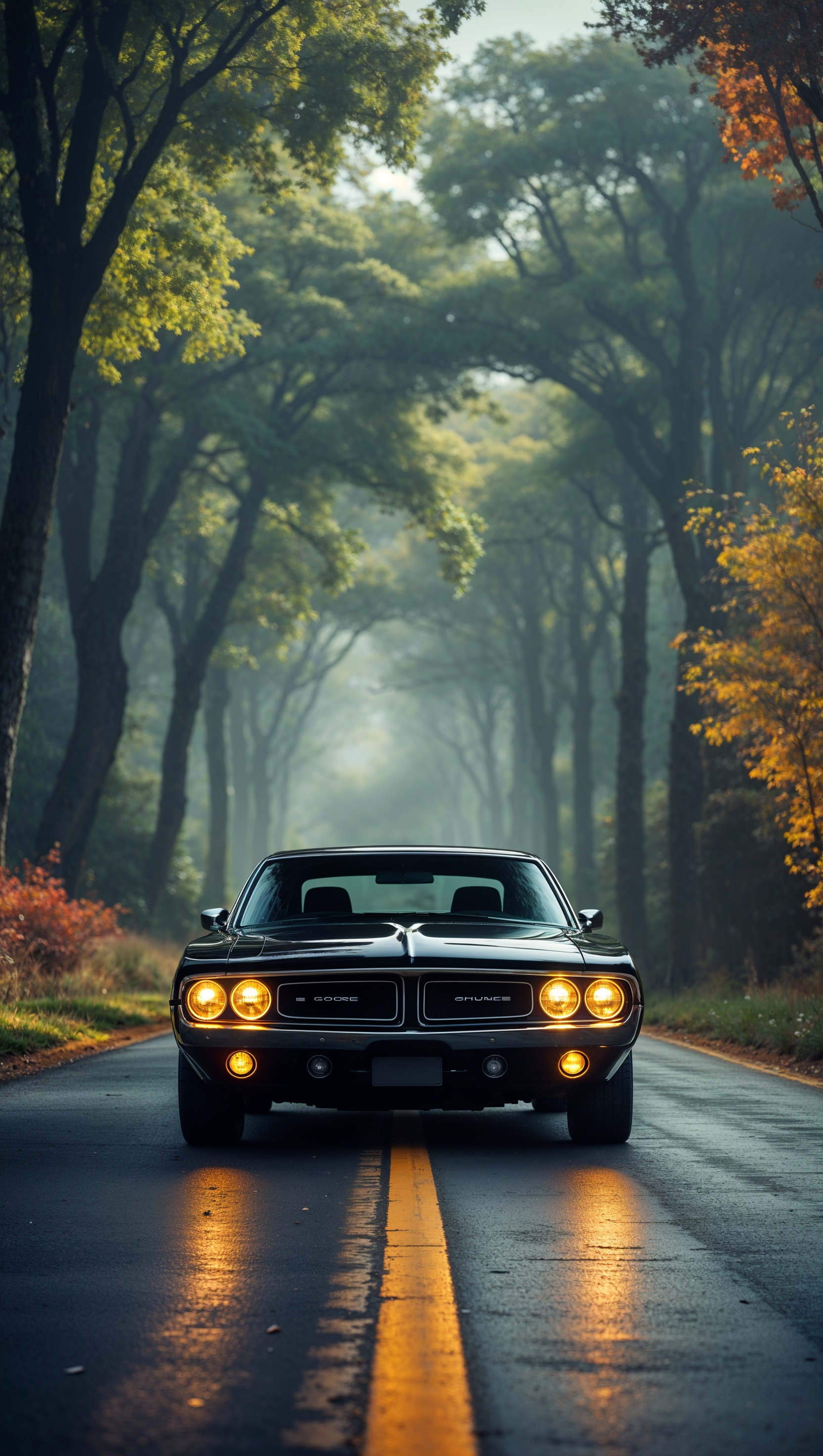 A Dodge Charger on a narrow road with tall trees on both sides