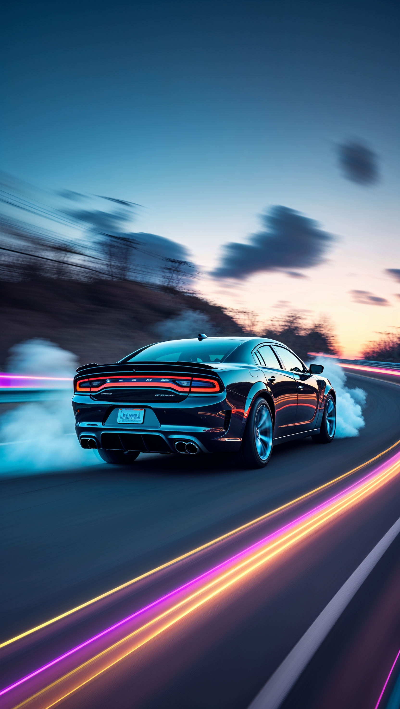 A Dodge Charger on a fast road with high-speed visual effects