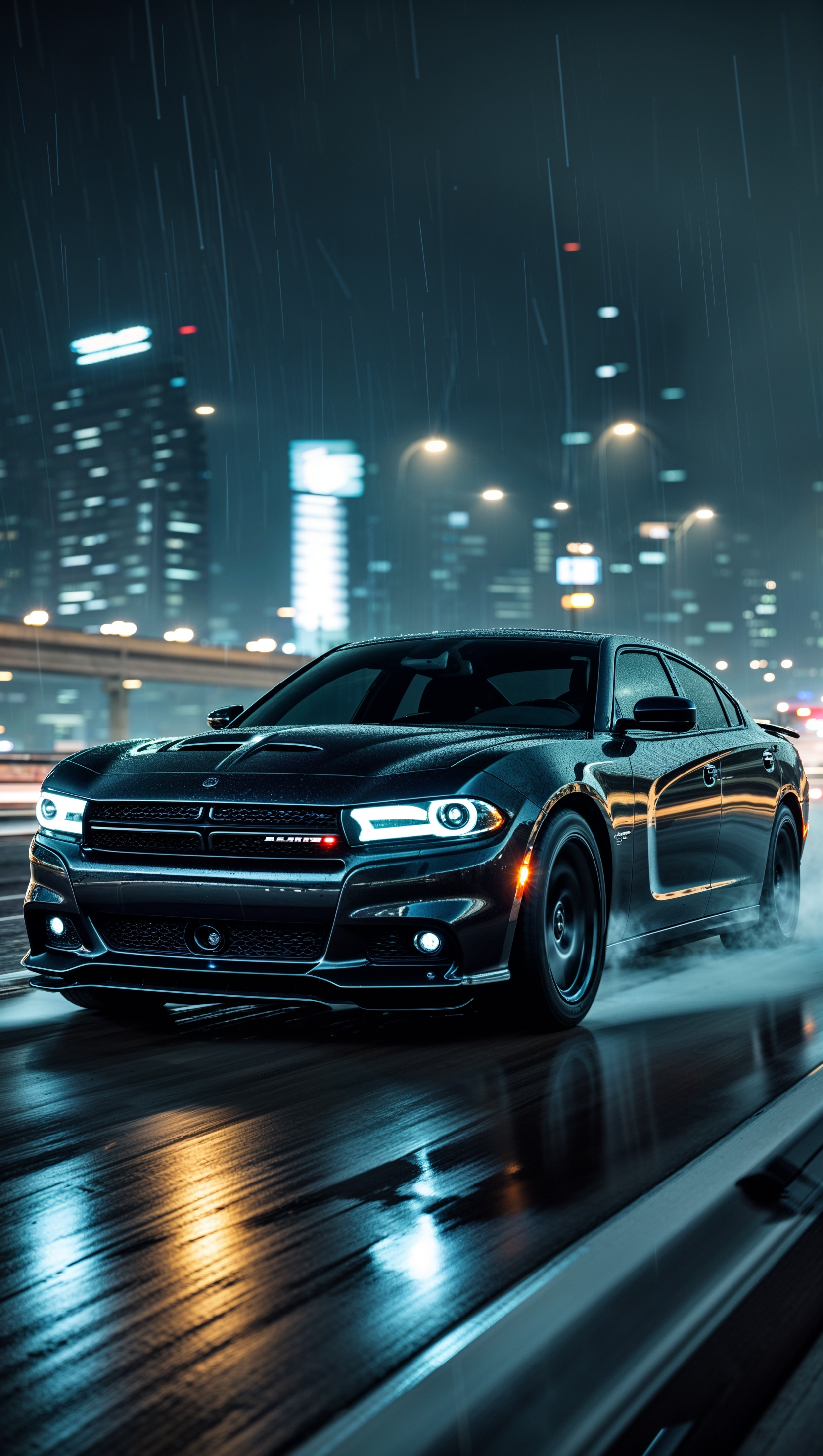A Dodge Charger on a fast highway at high speed at night