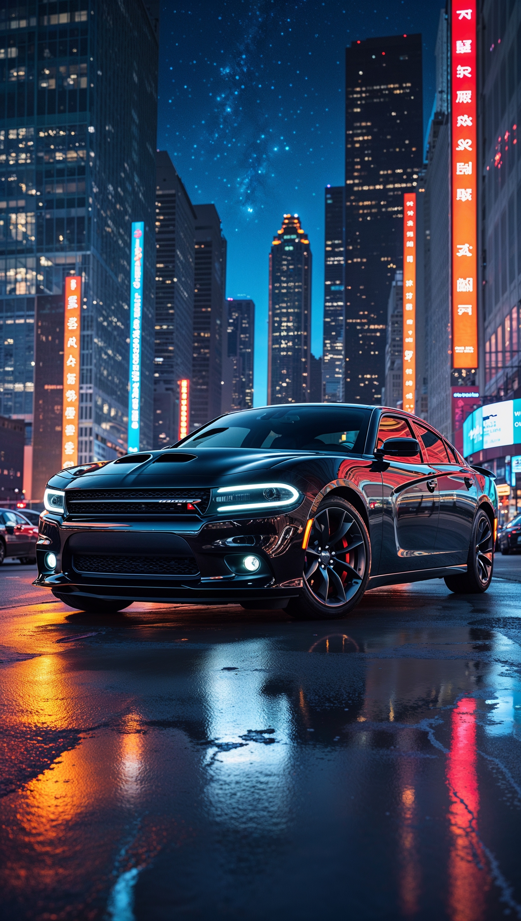 A Dodge Charger next to urban skyscrapers with night lighting
