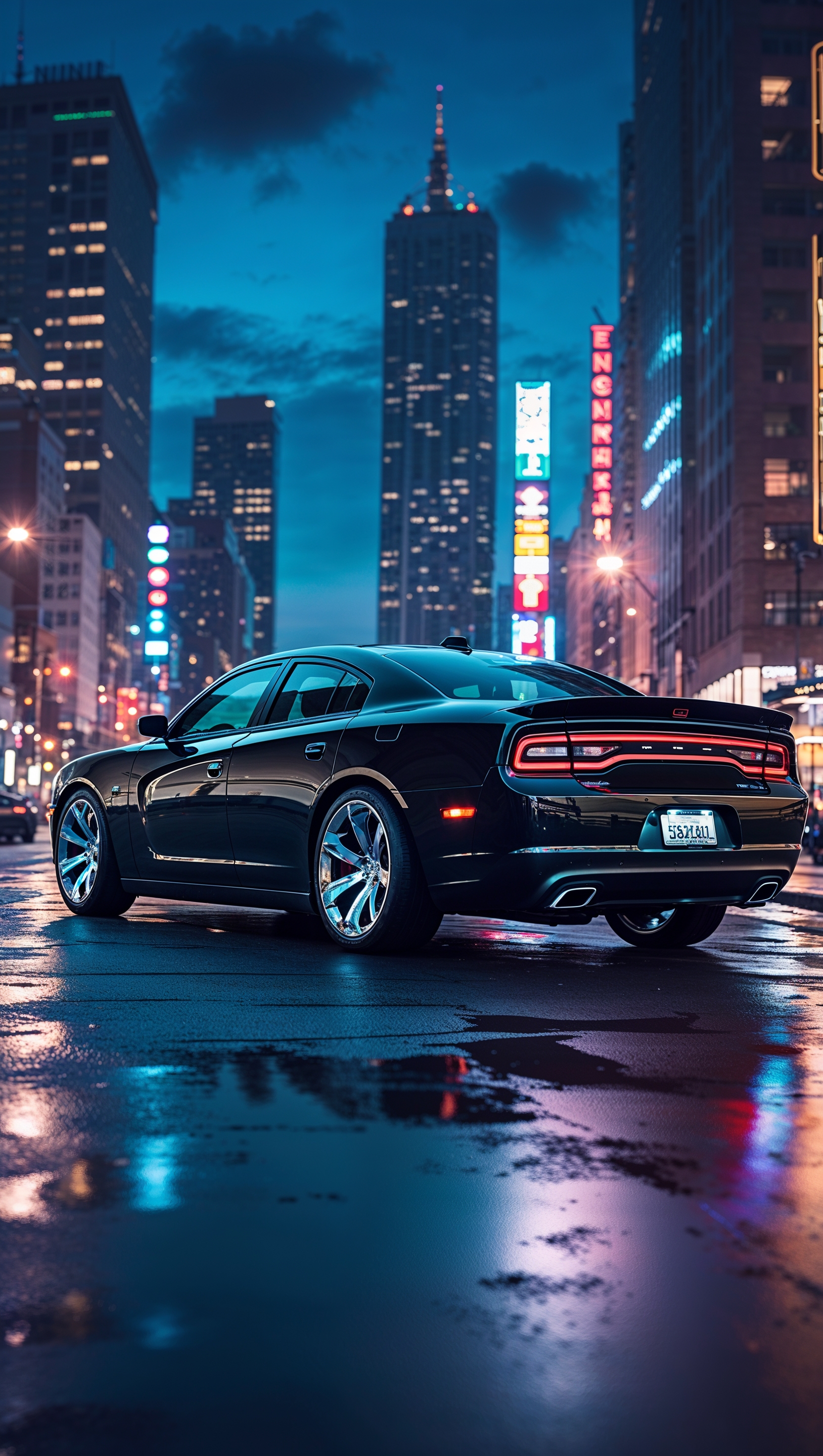 A Dodge Charger on a city street at night with urban lights as an iPhone wallpaper