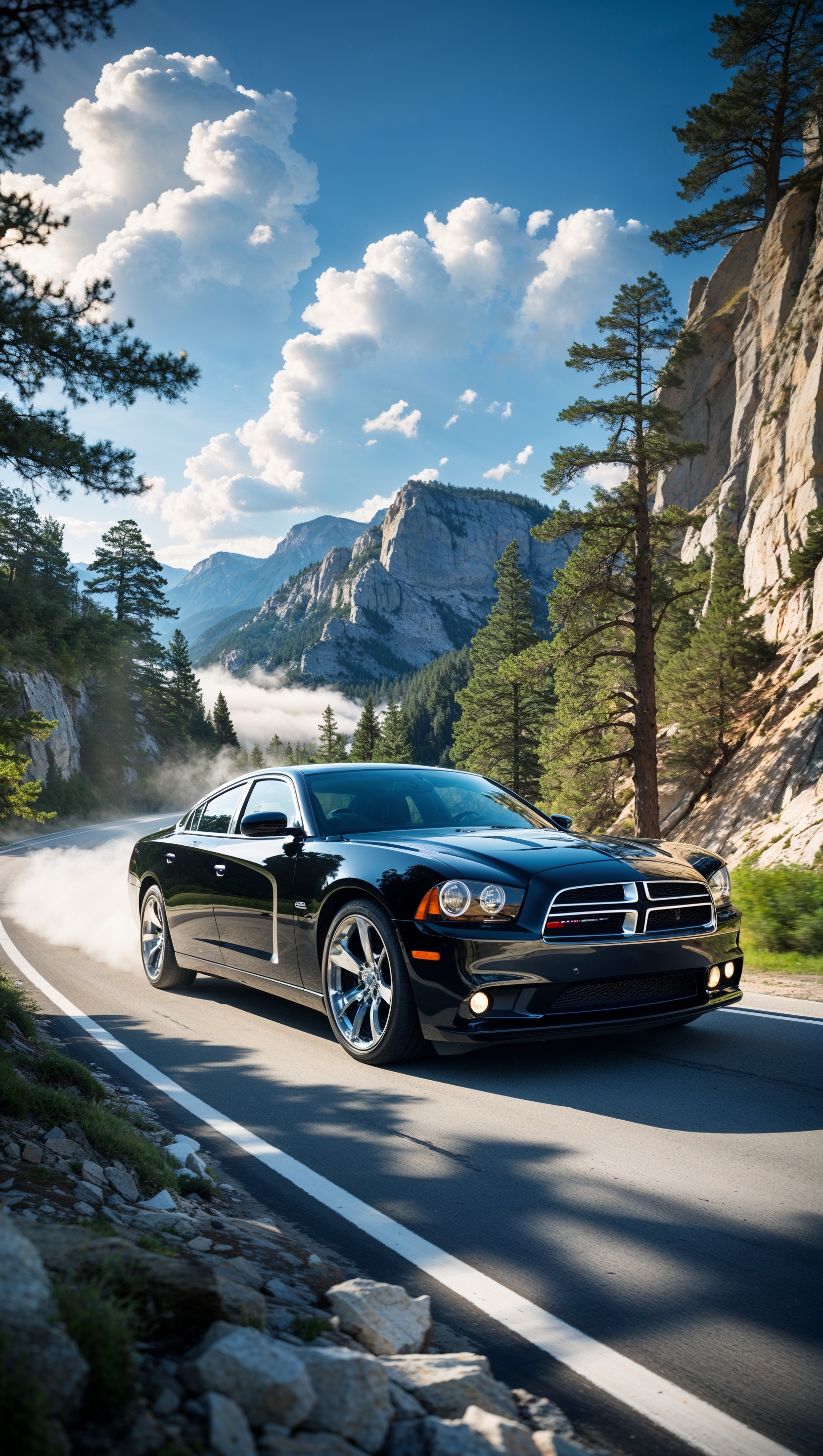 A Dodge Charger on a mountain road in bright daylight