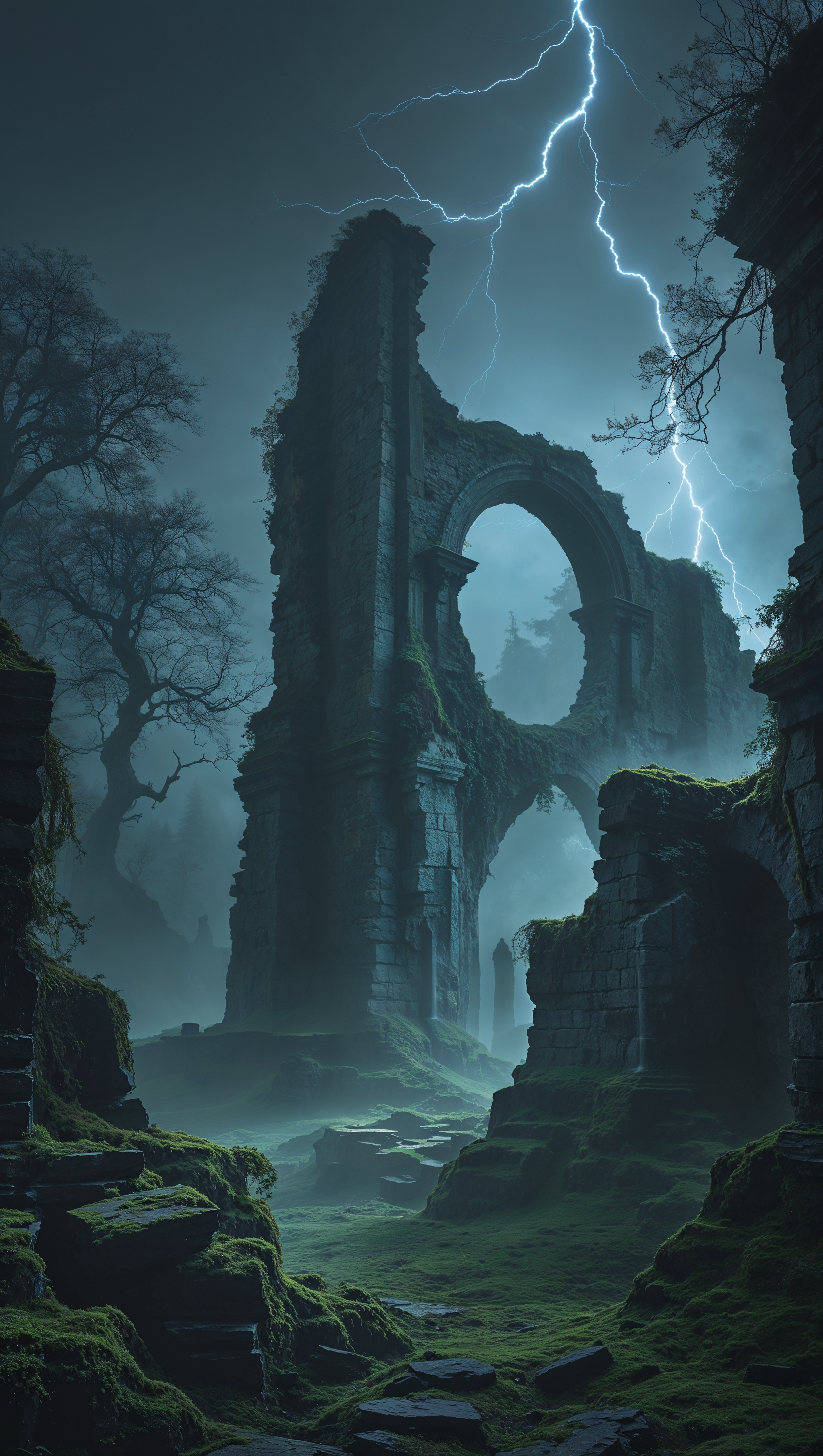 Ruins of Elden Ring with fog and lightning, dark atmosphere