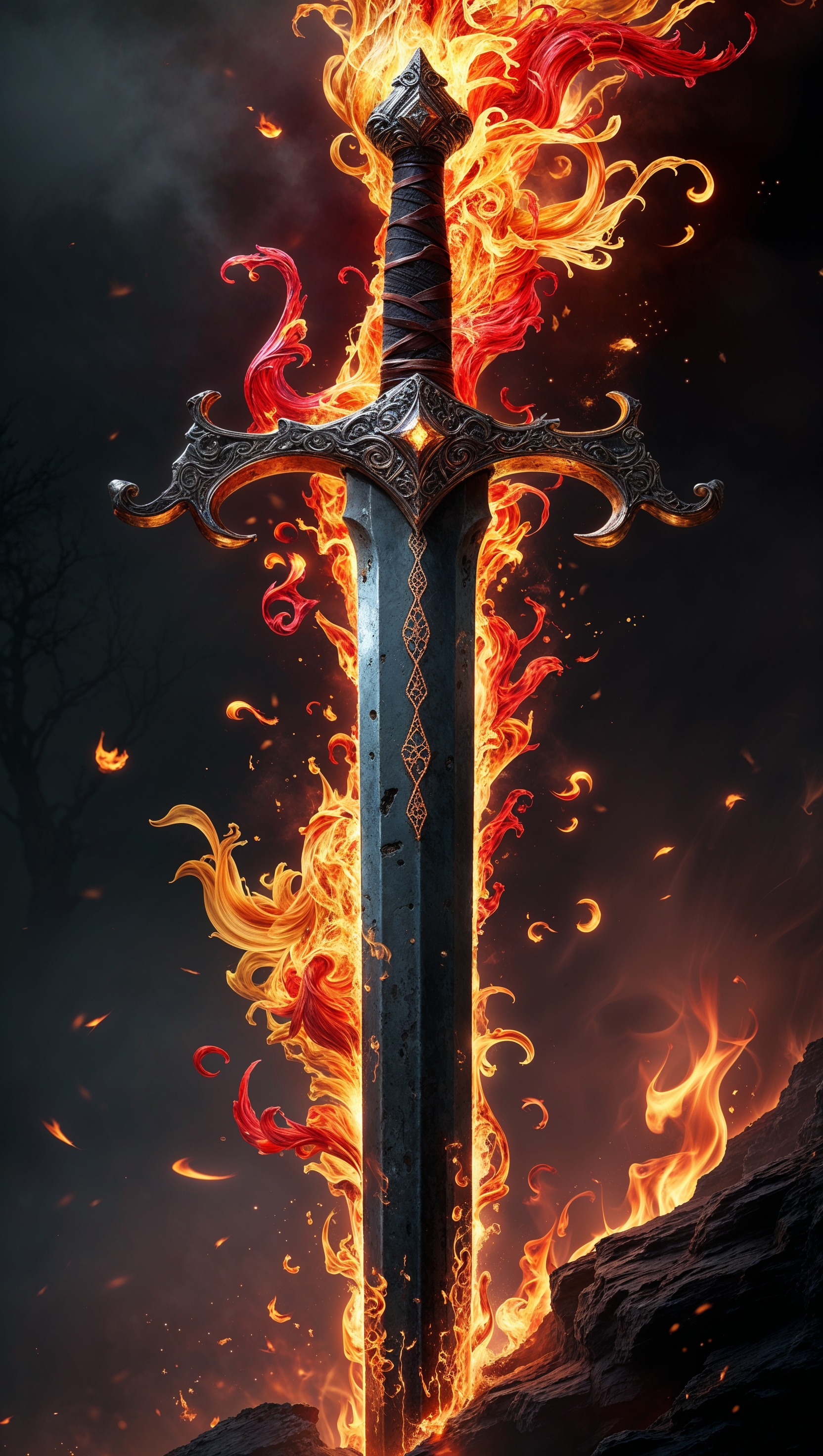 Mystic flames surrounding a sword in Elden Ring style, wallpaper format