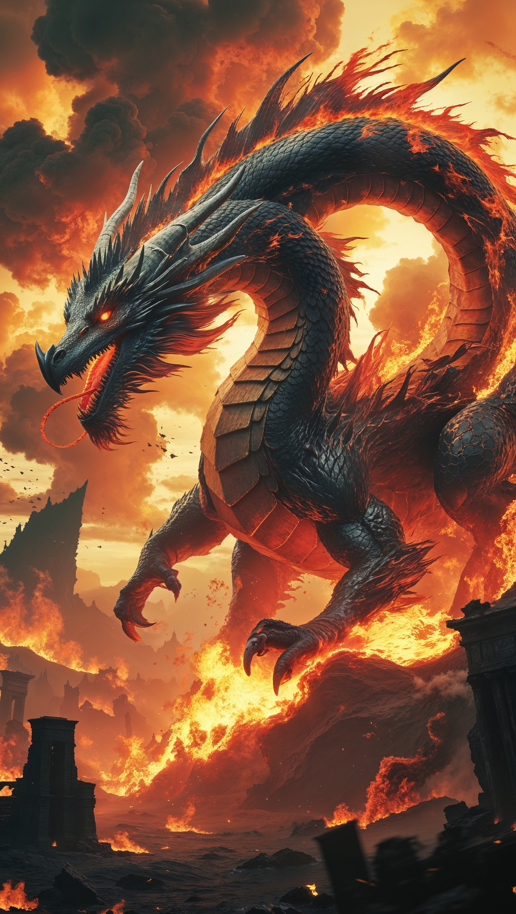 Raging dragon in Elden Ring sky, fire and chaos background
