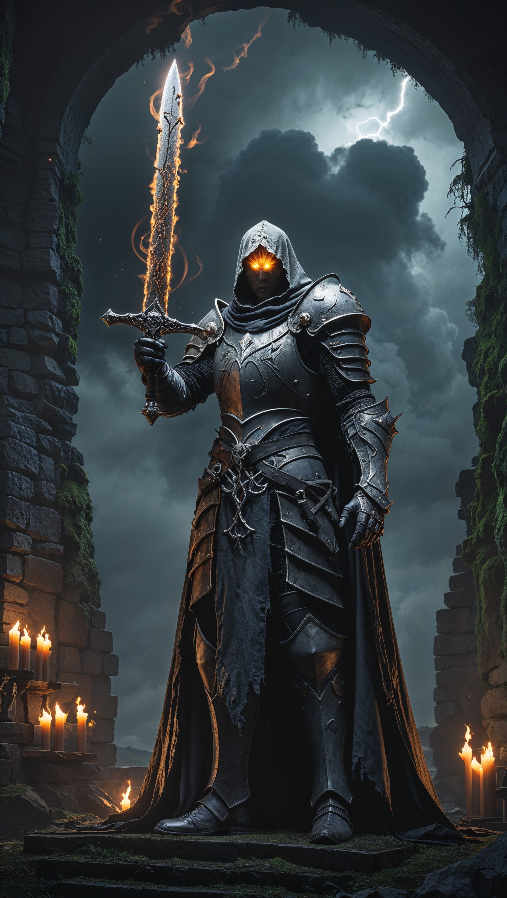 Dark knight from Elden Ring holding a cursed blade, moody lighting