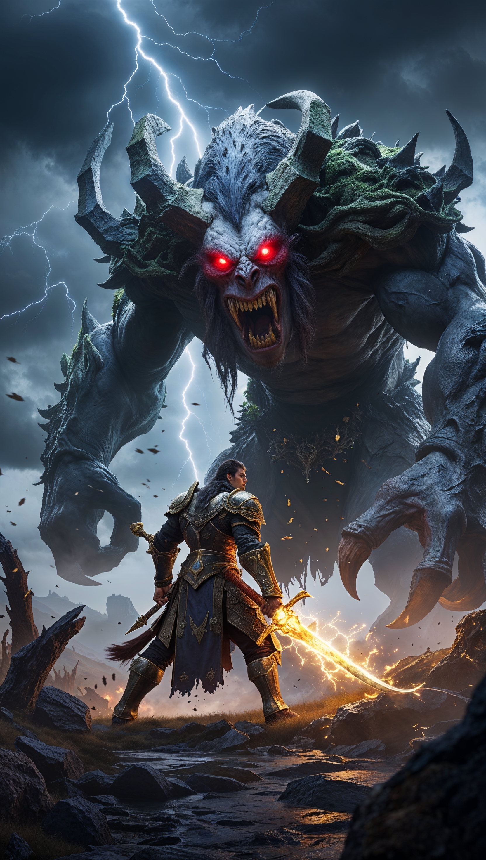 A warrior facing a giant monster from Elden Ring, epic battle