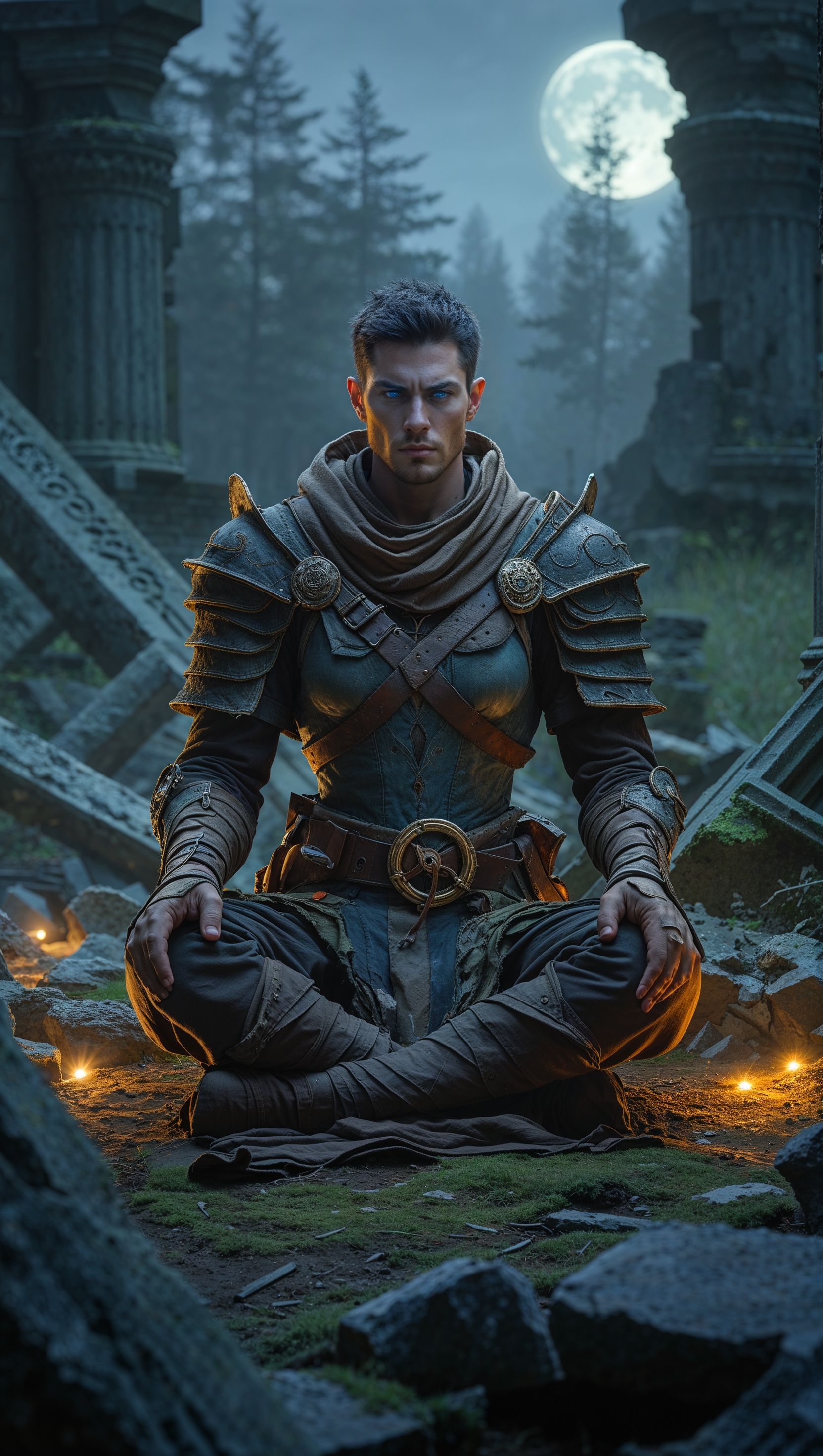 Elden Ring warrior meditating near glowing ruins