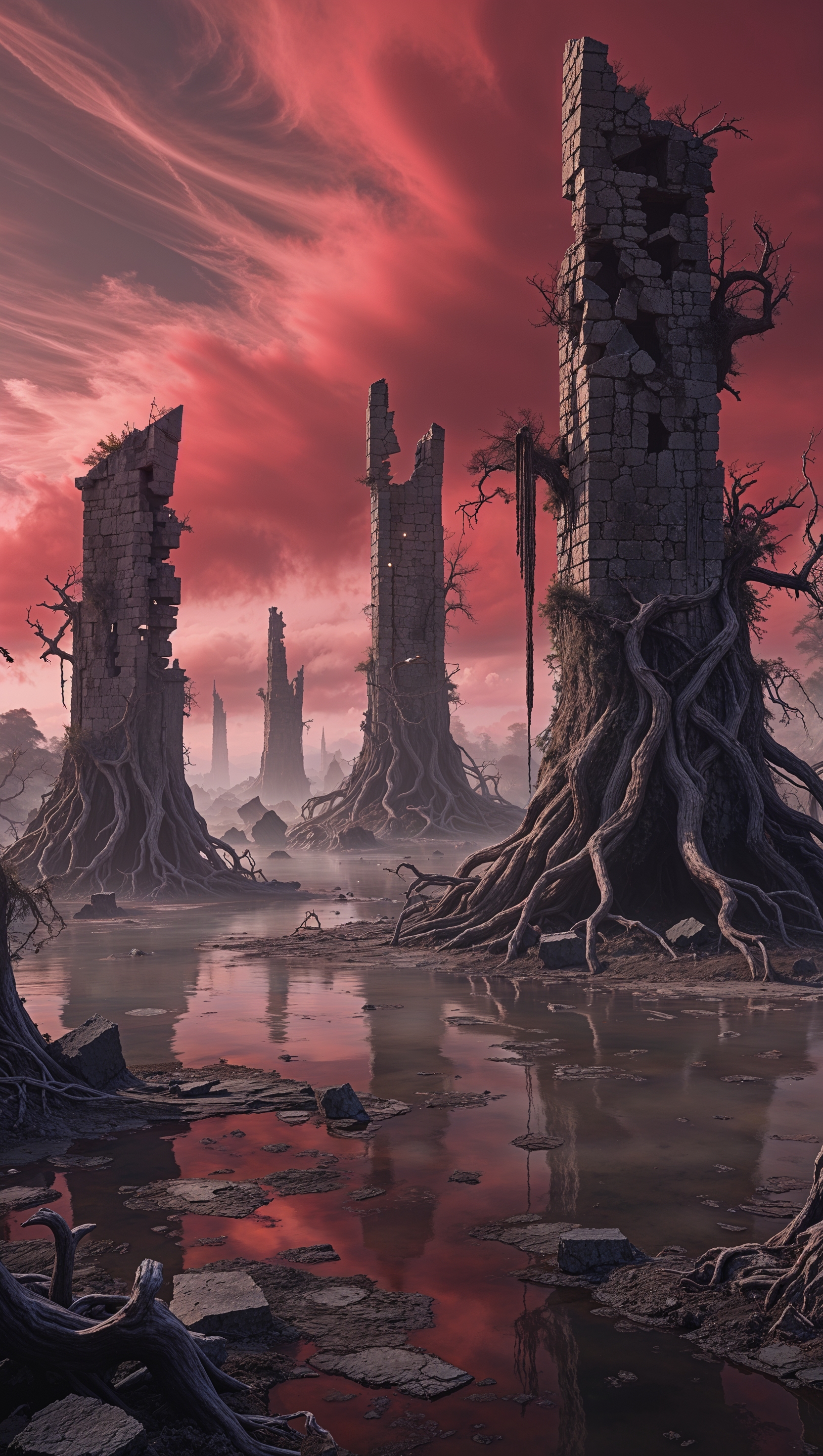 Elden Ring landscape with broken towers and a crimson sky