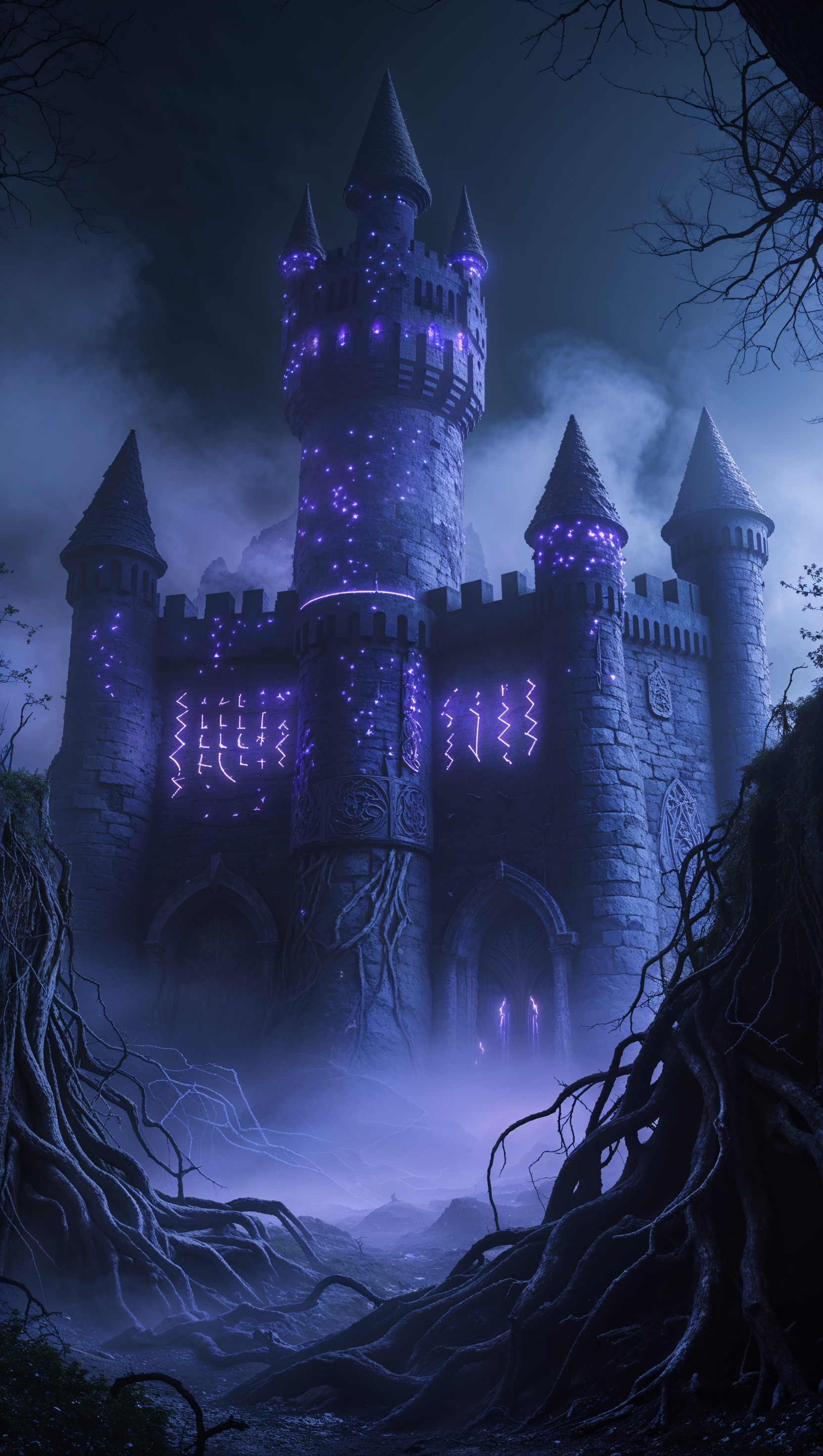 Dark fantasy castle from Elden Ring at night with glowing lights