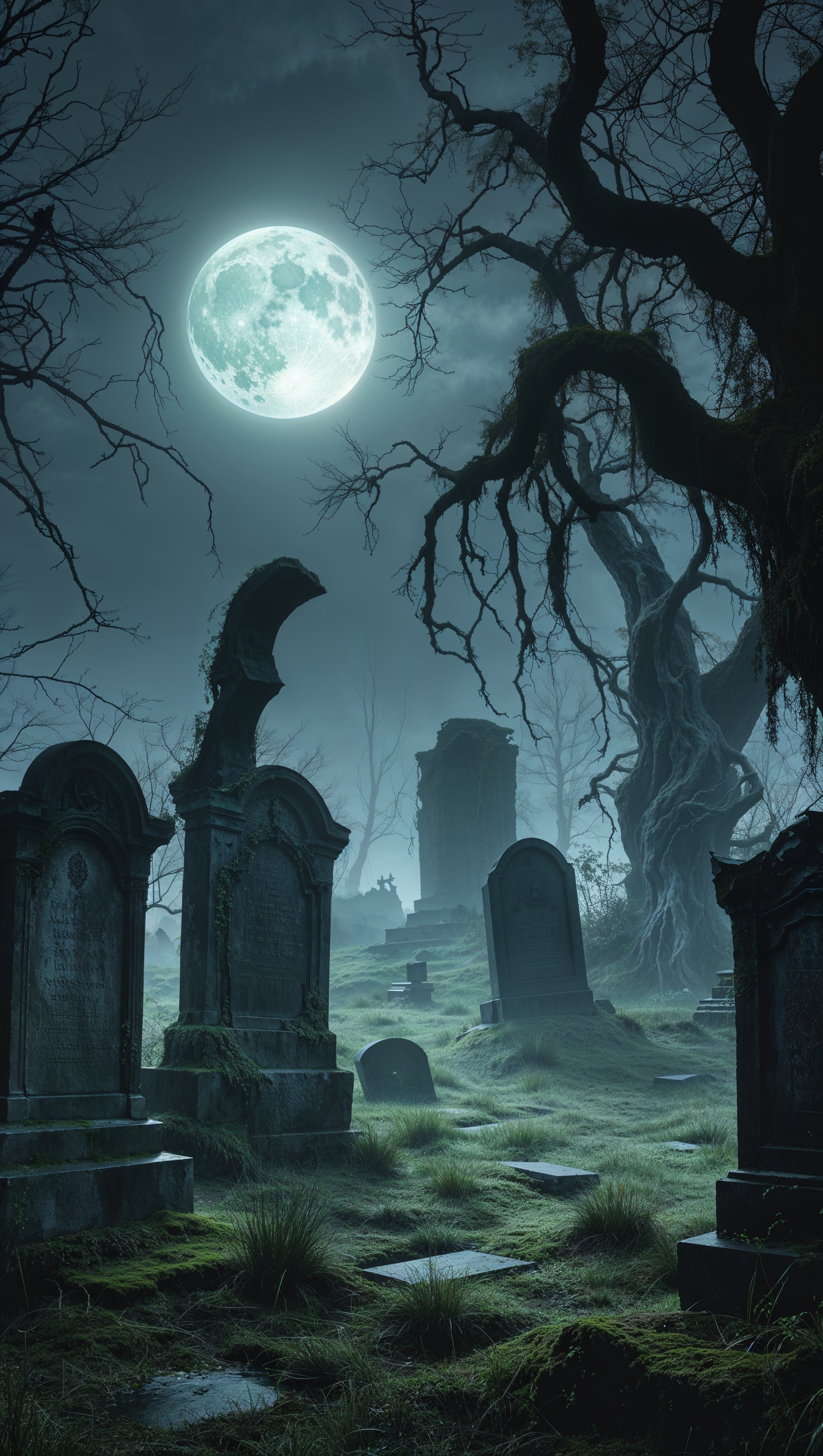 Moonlit graveyard with Elden Ring ruins, horror vibes