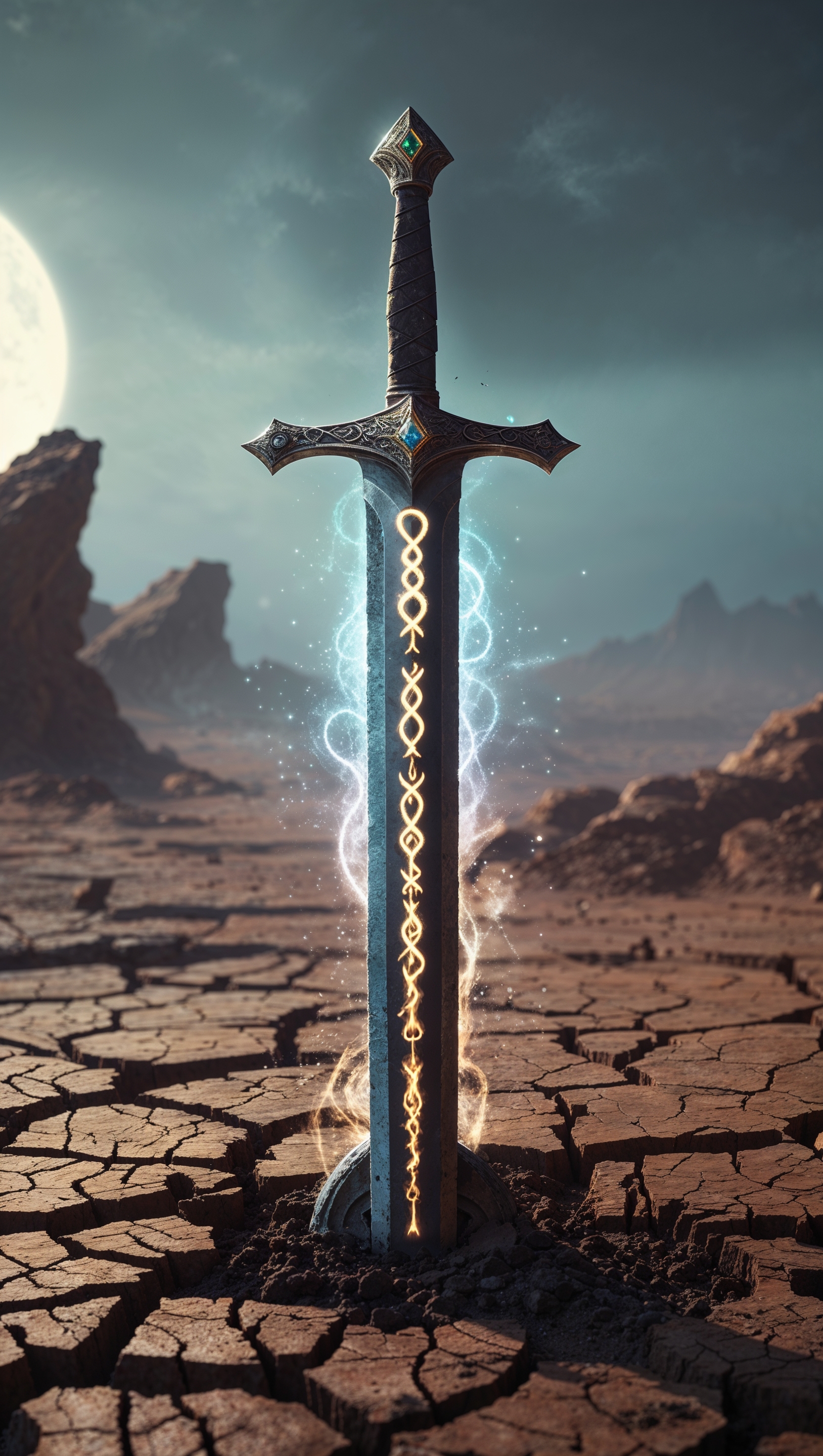 Sword planted in the ground with Elden Ring runes glowing