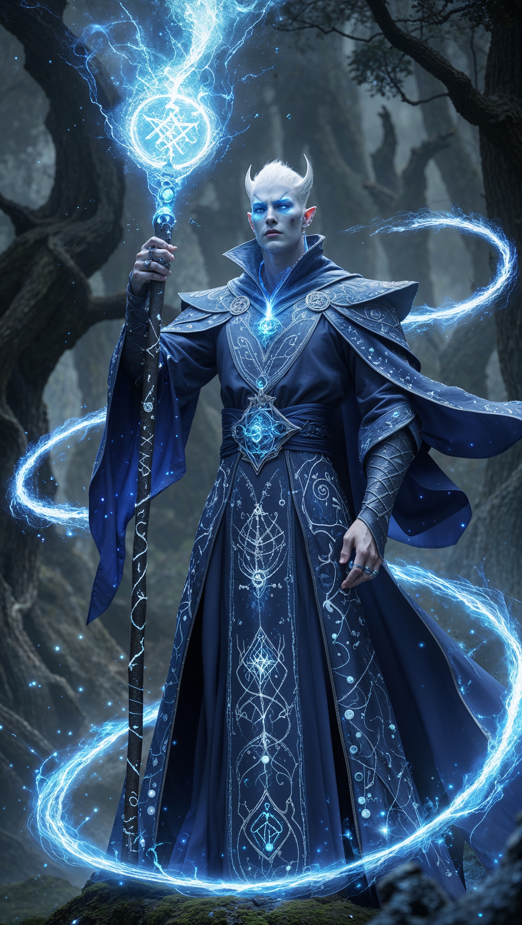 Sorcerer from Elden Ring casting blue magic, detailed style