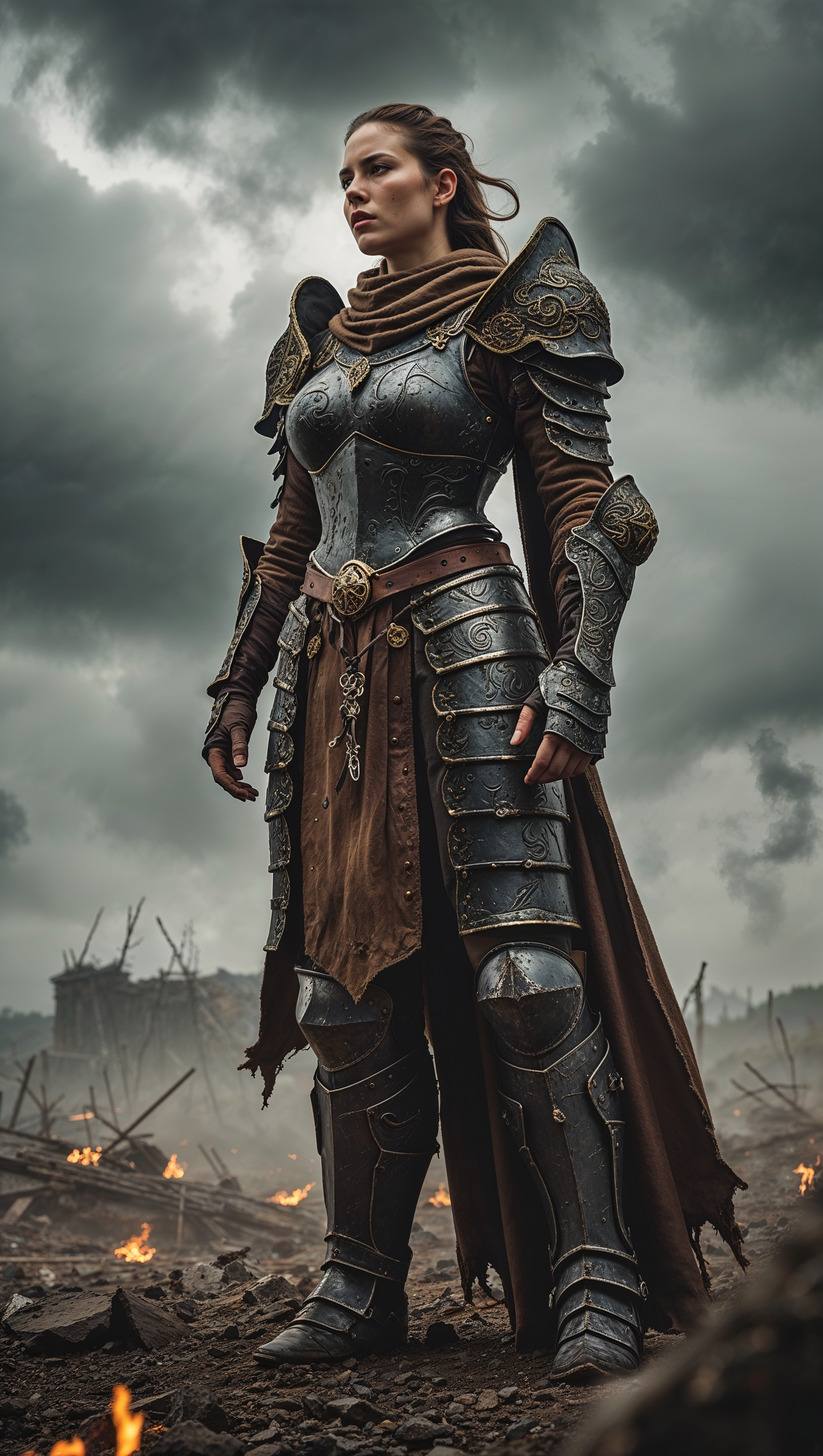 Female warrior standing on battlefield, Elden Ring armor, cloudy sky
