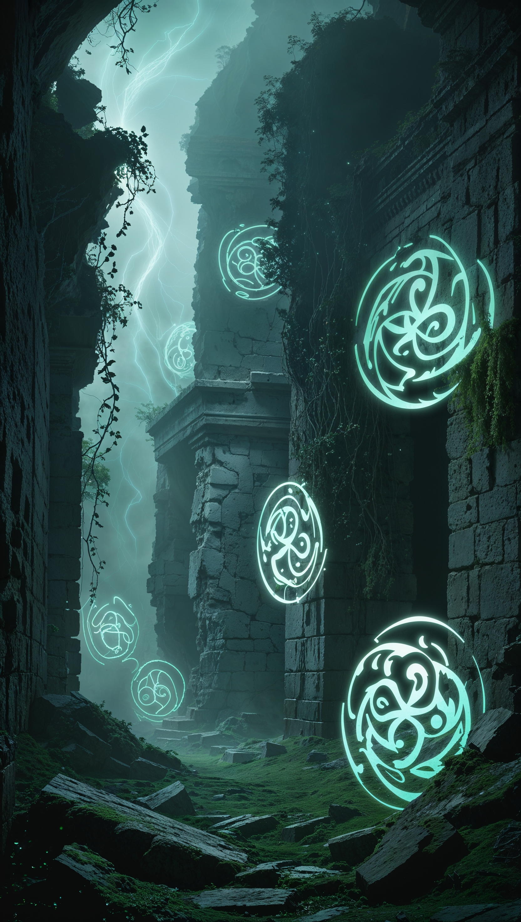 Ancient ruins and magical glyphs glowing in the dark