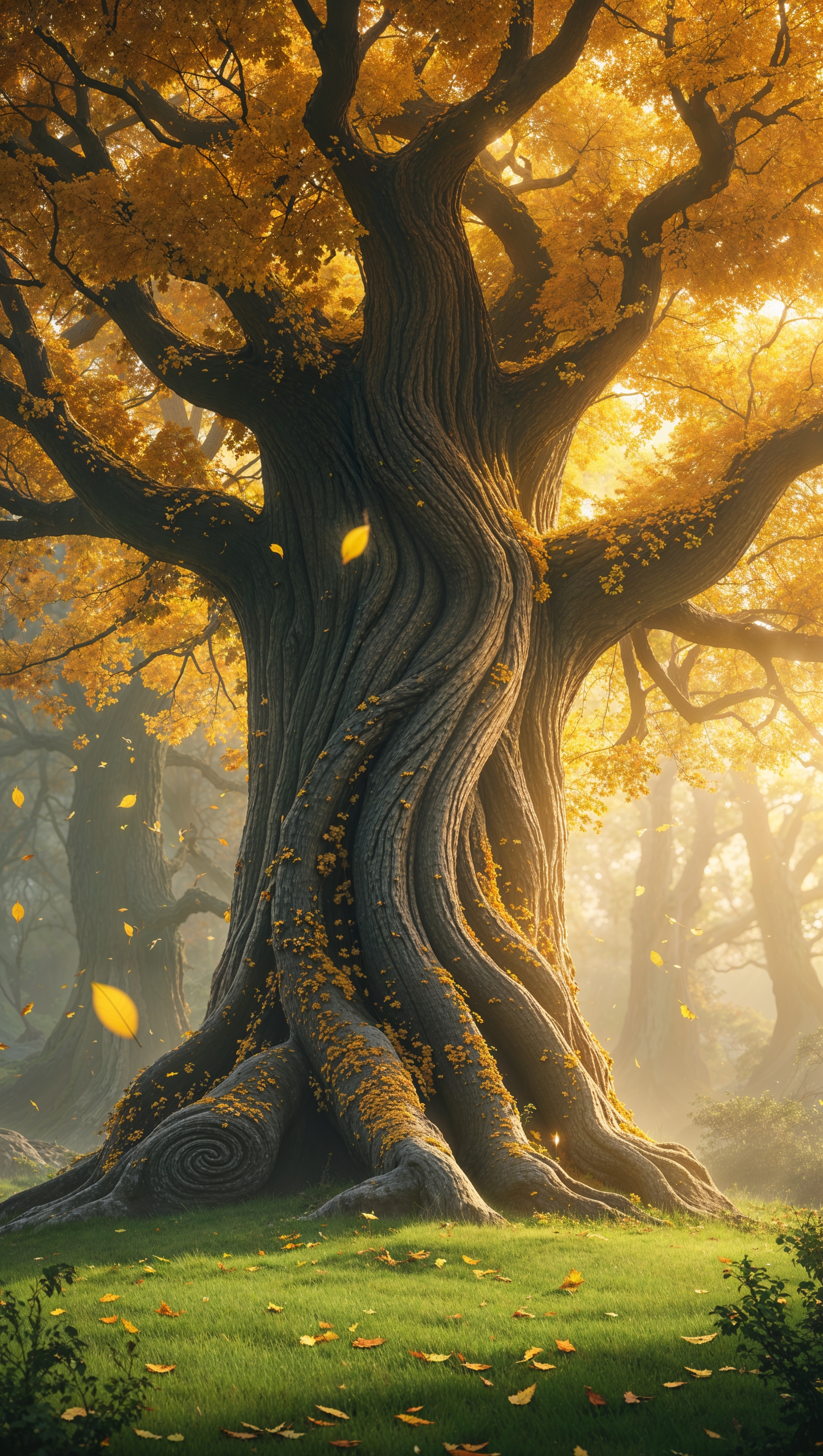 Sacred tree of Elden Ring with golden leaves falling, peaceful vibe