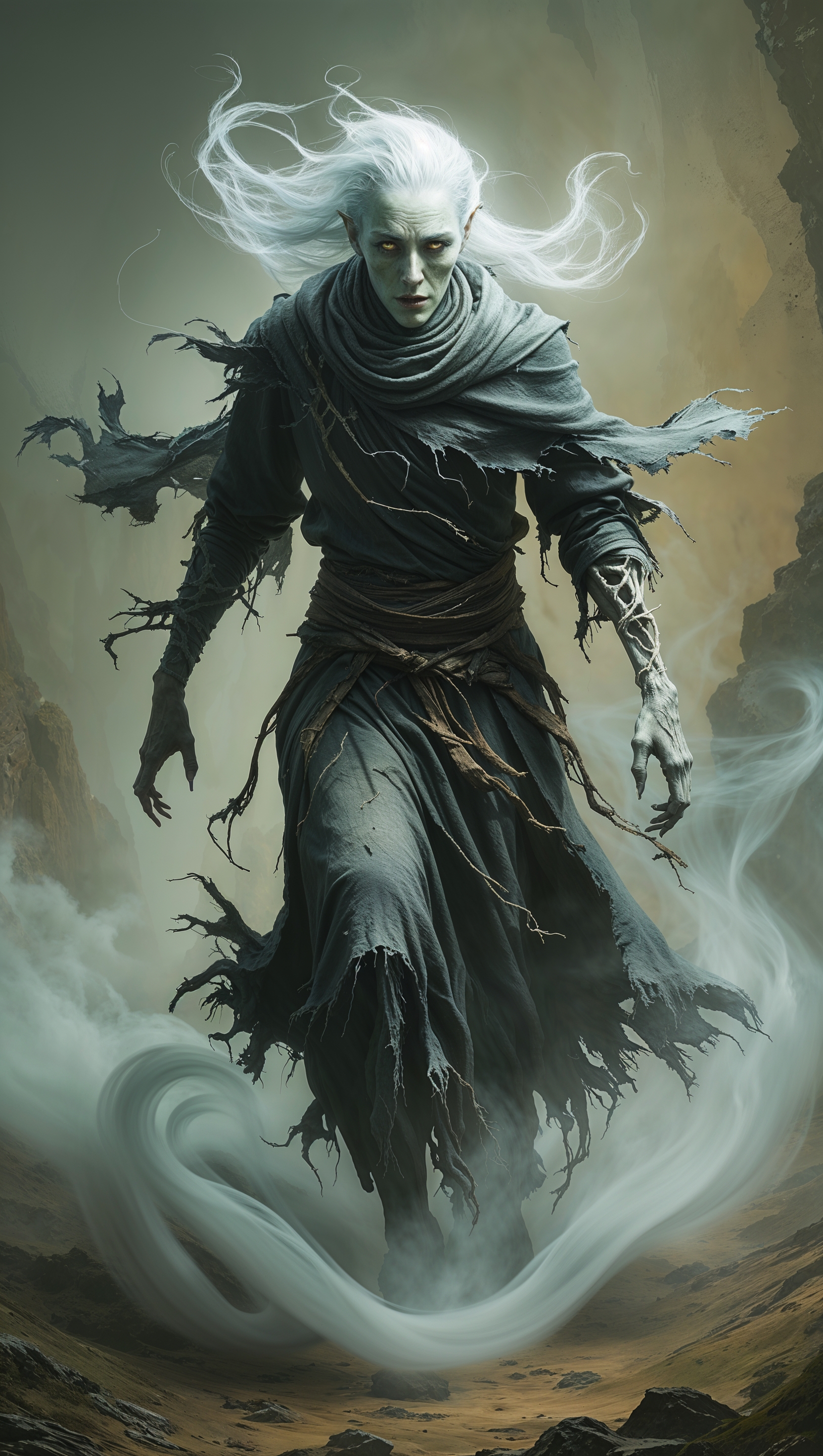 Ghostly figure walking through Elden Ring fog, mysterious aura