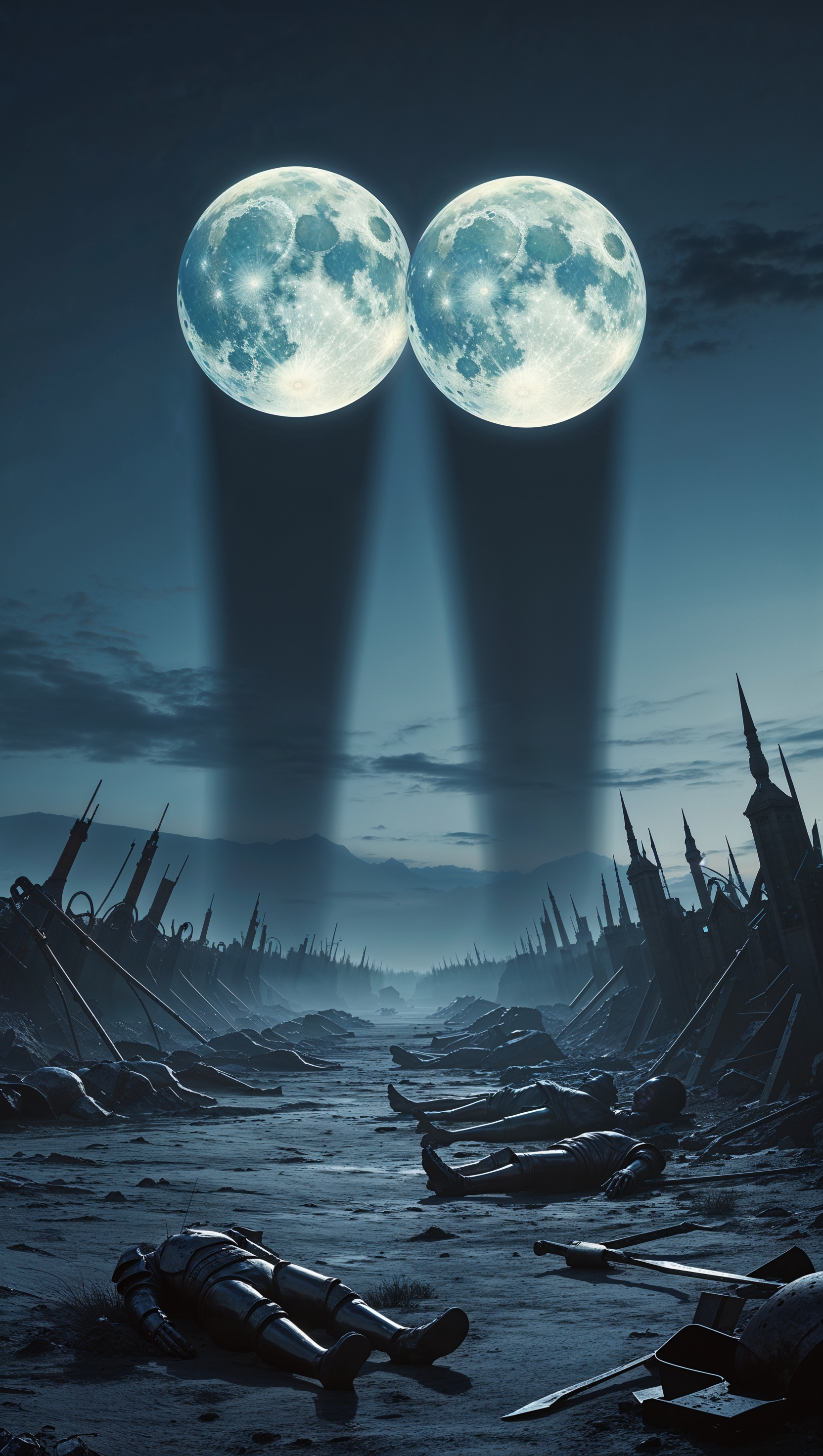 Elden Ring twin moons over a quiet battlefield, dramatic shadows