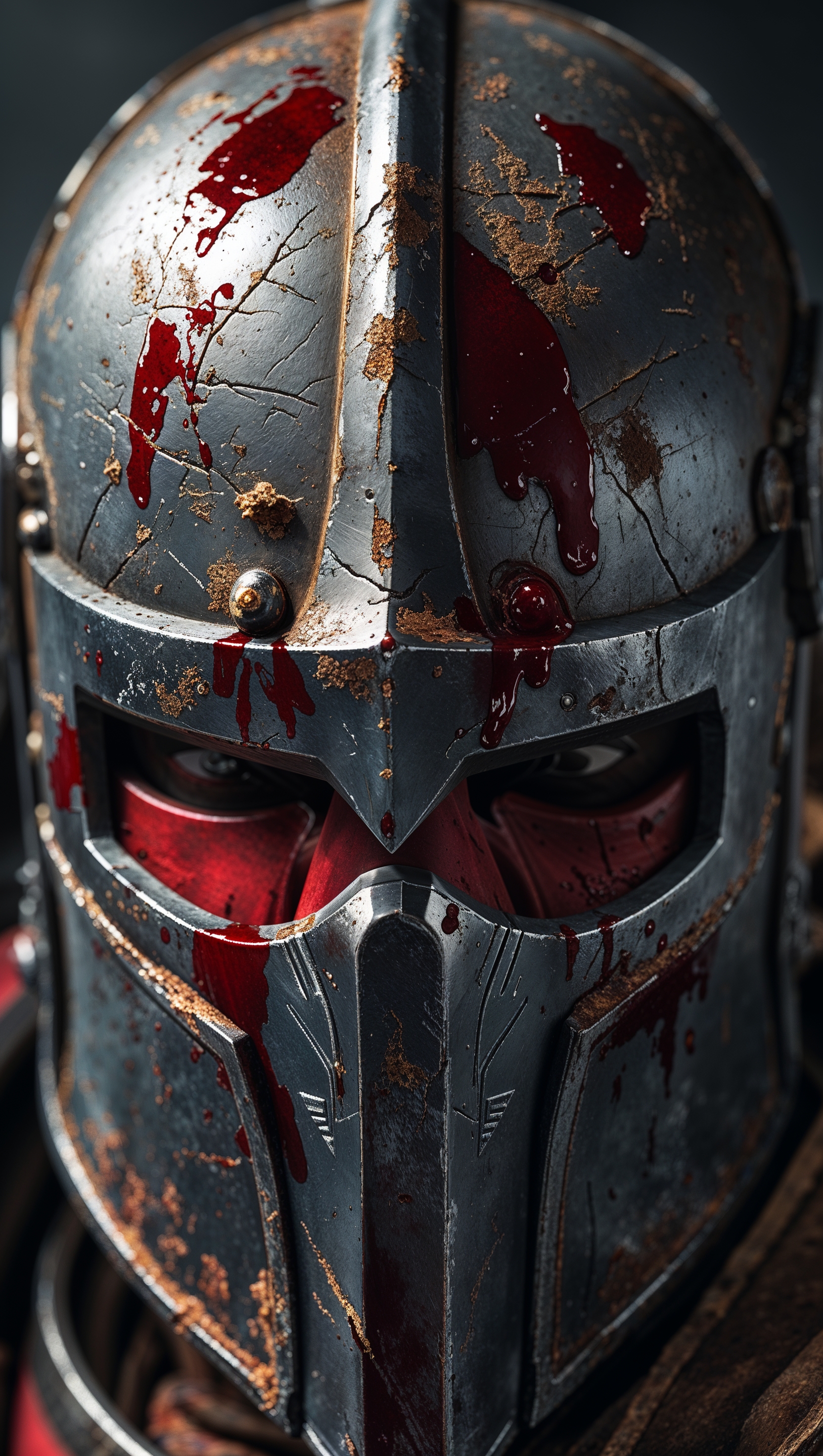 Close-up of Elden Ring helmet with blood stains and scratches