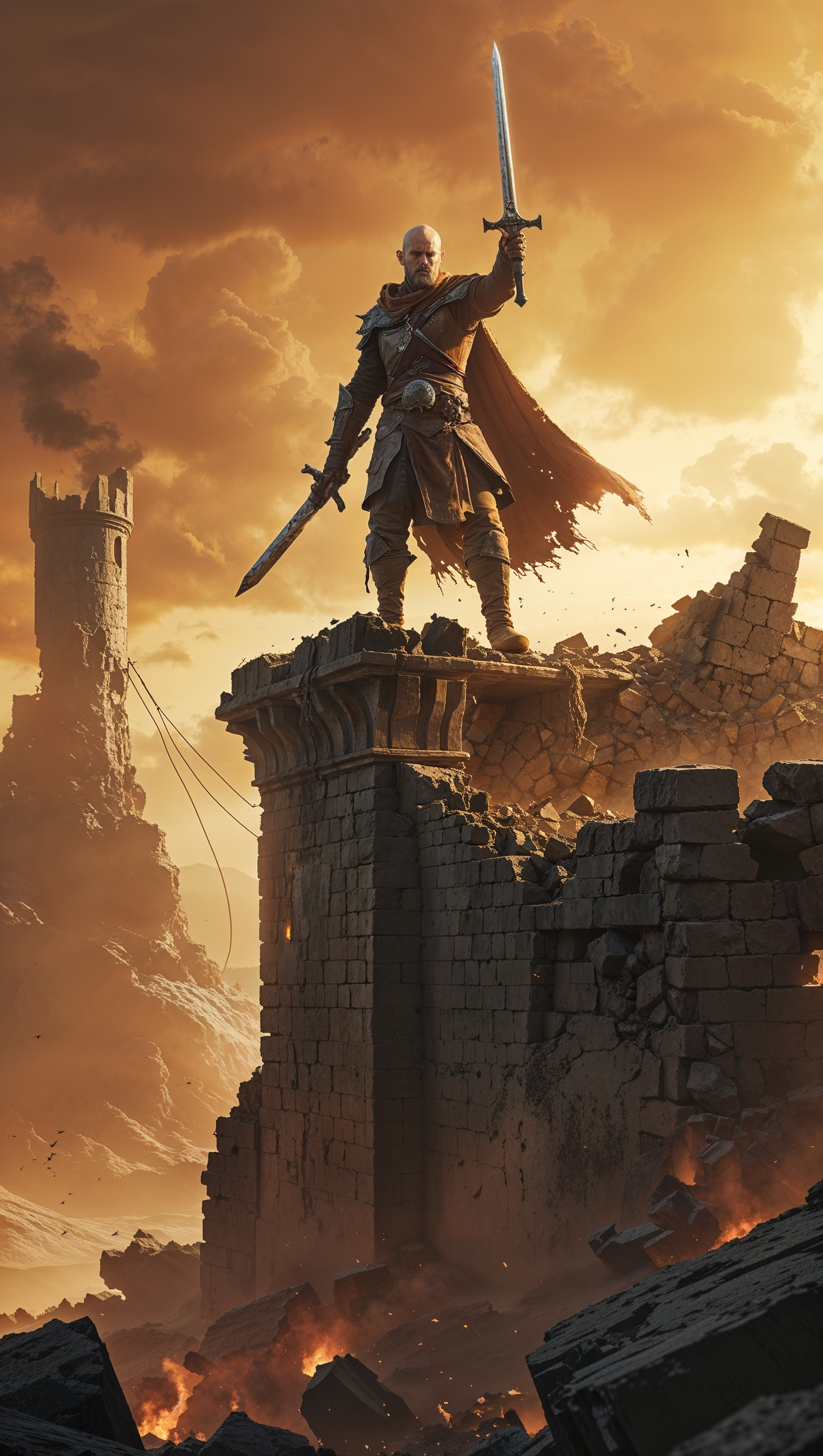 Hero’s last stand in Elden Ring world, cinematic pose, golden lighting