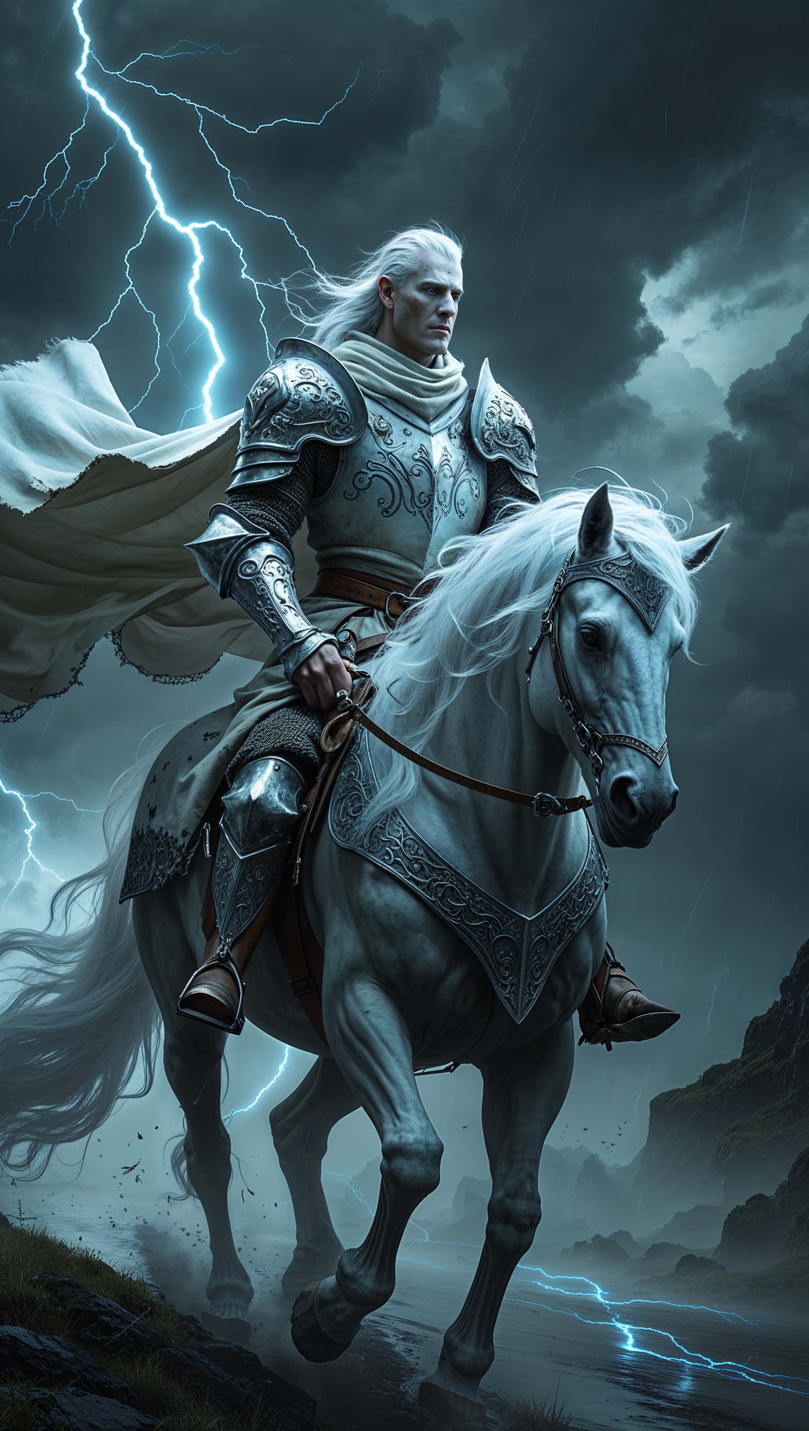 Elden Ring knight riding a spectral horse through storm